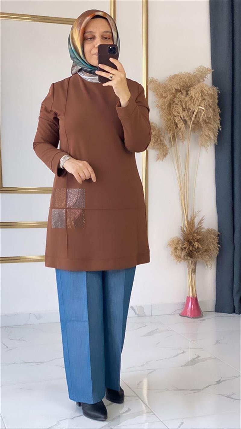 Wonna Krep Taşlı Taba Tunik FRY2784
