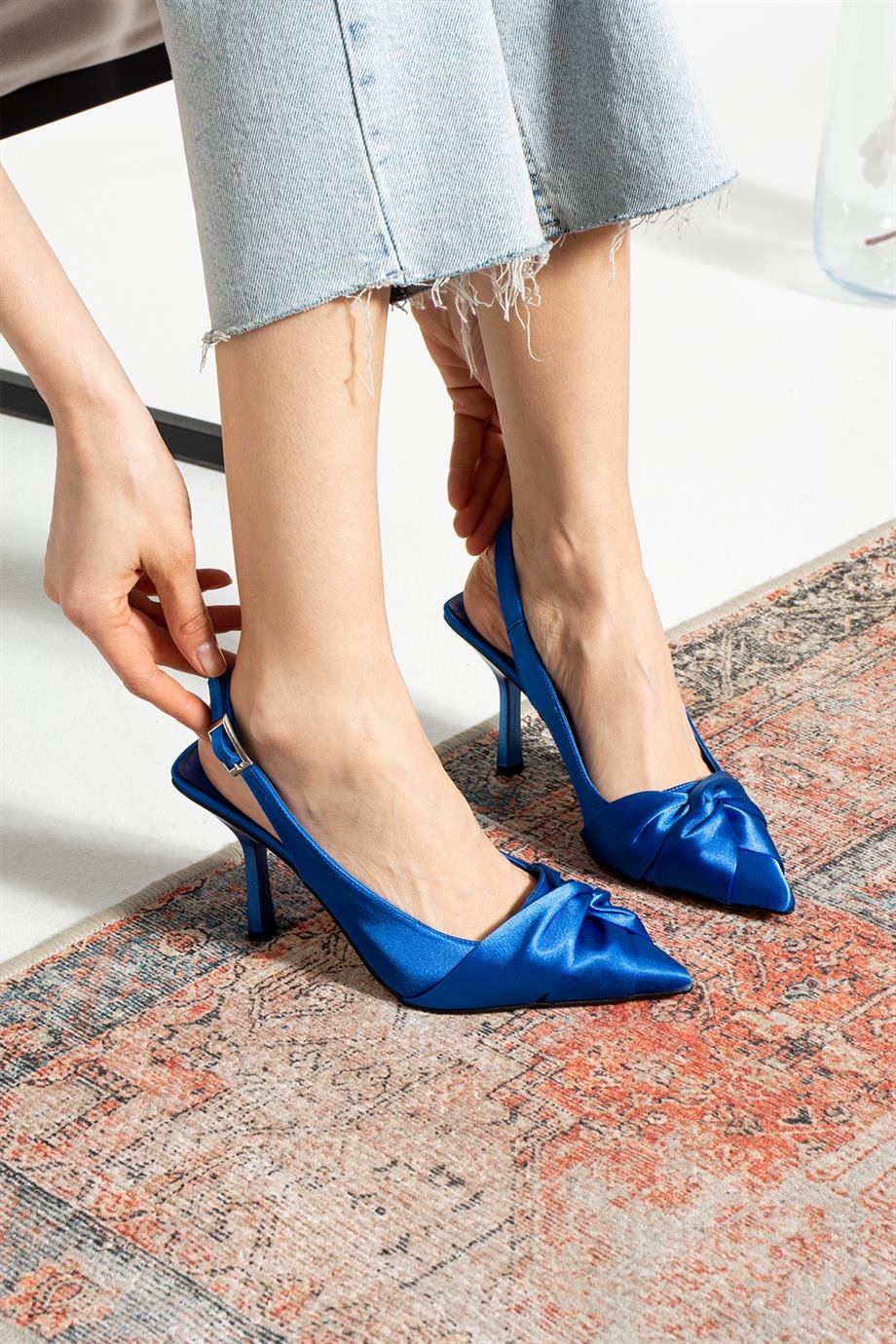 Pazzyonez Mais Saks Mavi Saten Ön Düğüm Detay Kadın Topuklu Ayakkabı