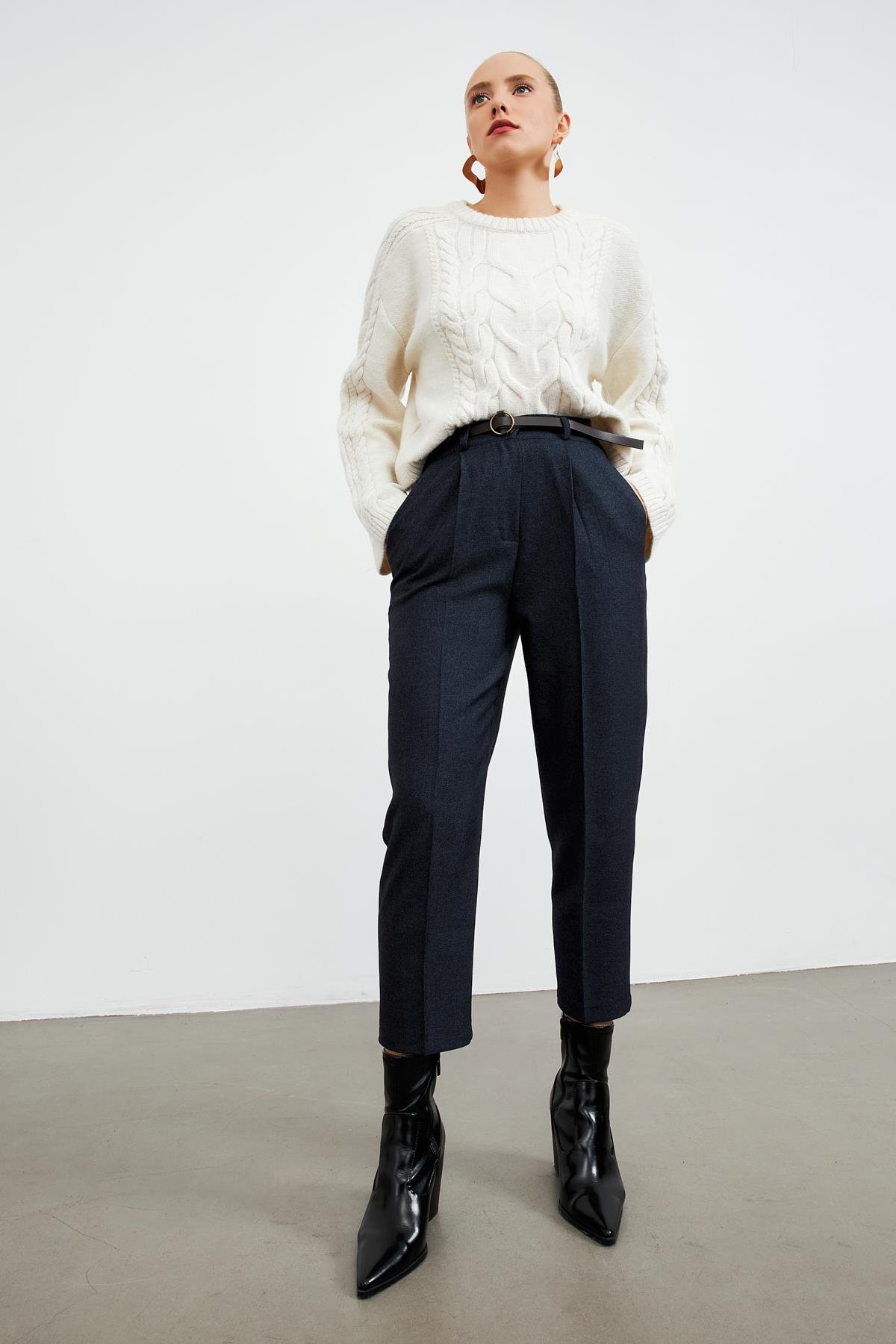Kadın Yüksek Bel Fermuar Düğme Detaylı Şardonlu Zara Kumaş Deri