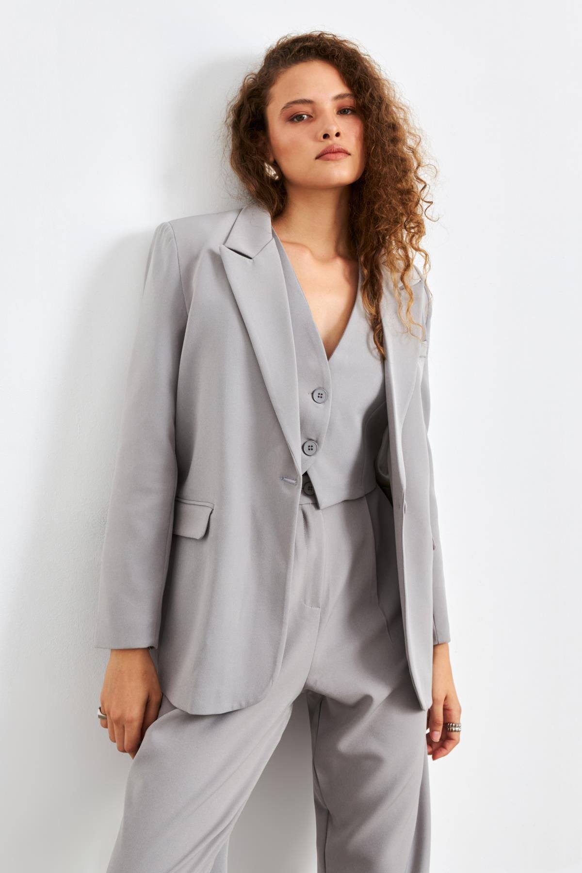 Oversize Gri Kadın Blazer Ceket