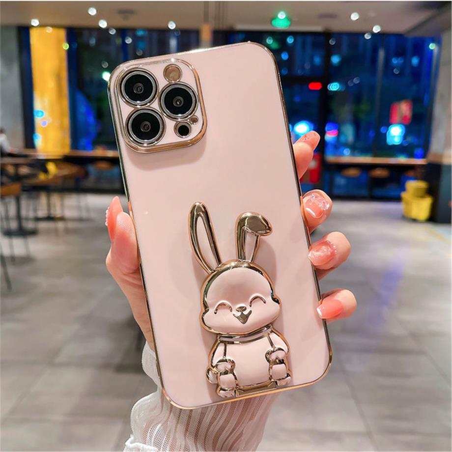 Sevimli Tavşanlı Standlı Kamera Korumalı Telefon Kılıfı Pembe Renkli