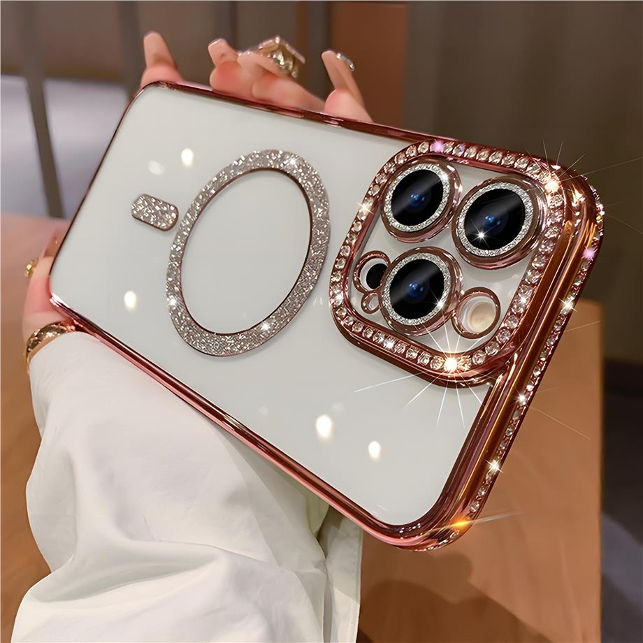 Kamera Korumalı Full Taşlı Magsafe Telefon Kılıfı Pembe Renkli