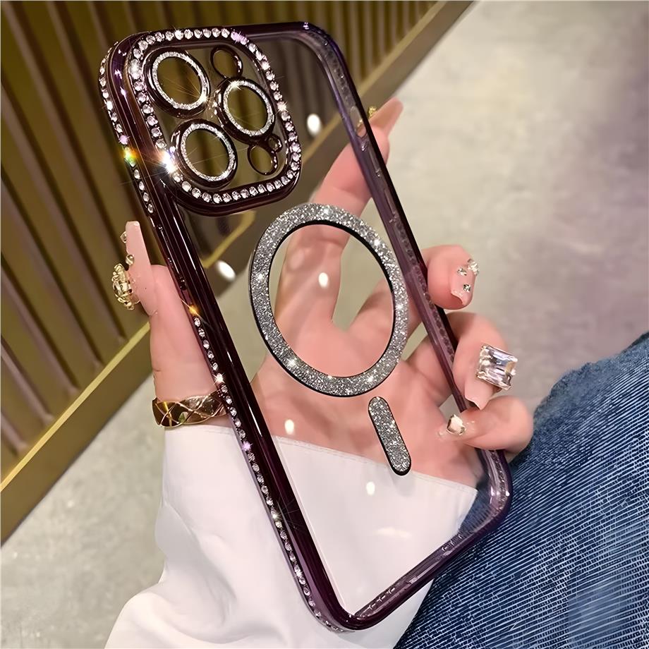 Kamera Korumalı Full Taşlı Magsafe Telefon Kılıfı Mor Renkli