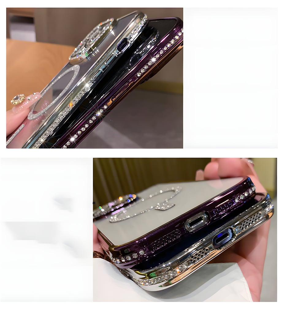 Kamera Korumalı Full Taşlı Magsafe Telefon Kılıfı Gümüş Renkli