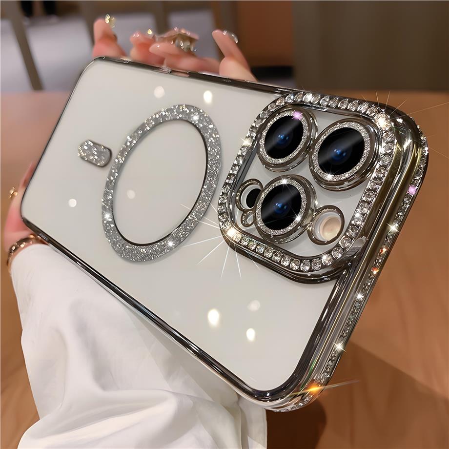 Kamera Korumalı Full Taşlı Magsafe Telefon Kılıfı Gümüş Renkli