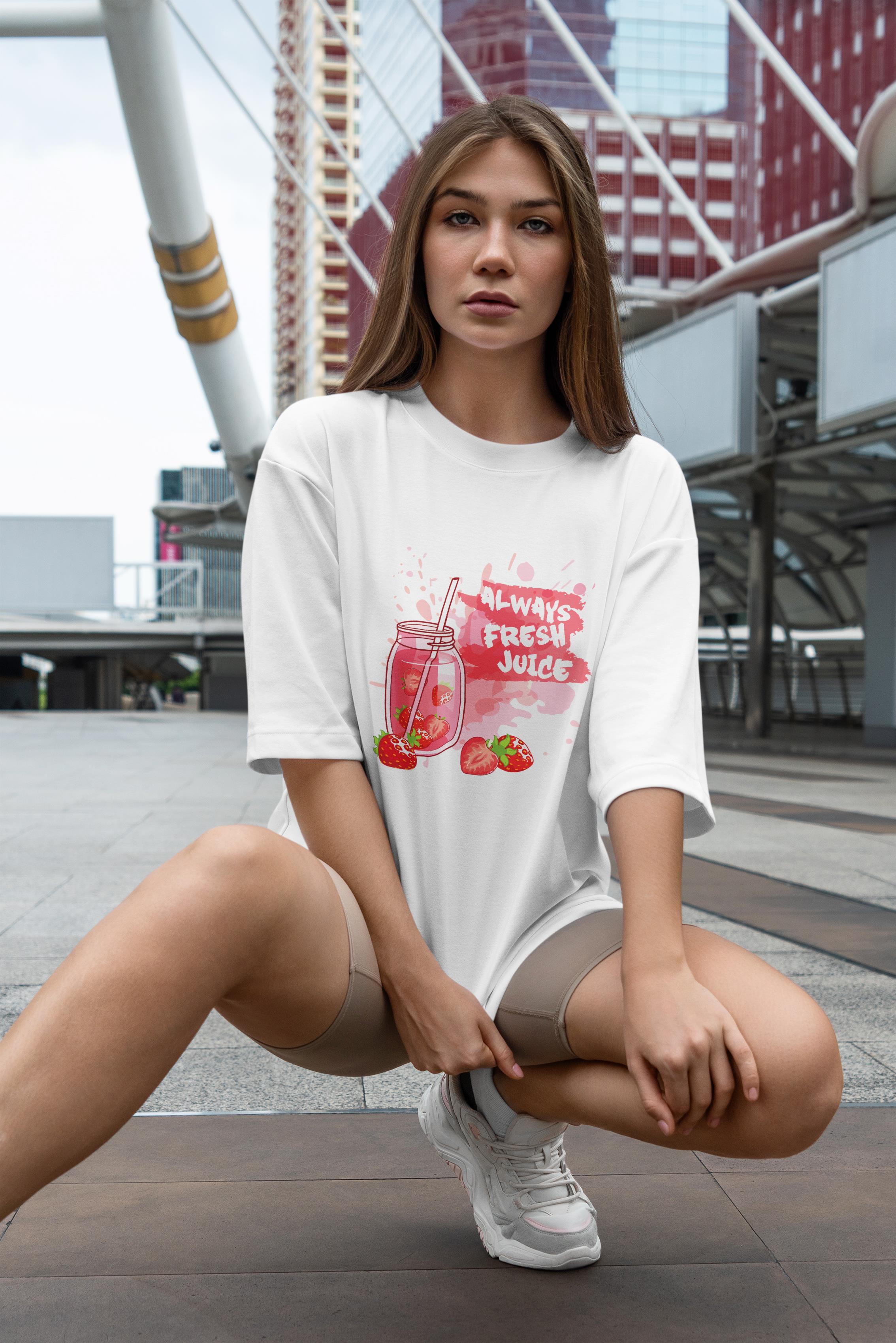 Always Fresh Juice - Çilekli Yaz Tasarım Oversize T-Shirt