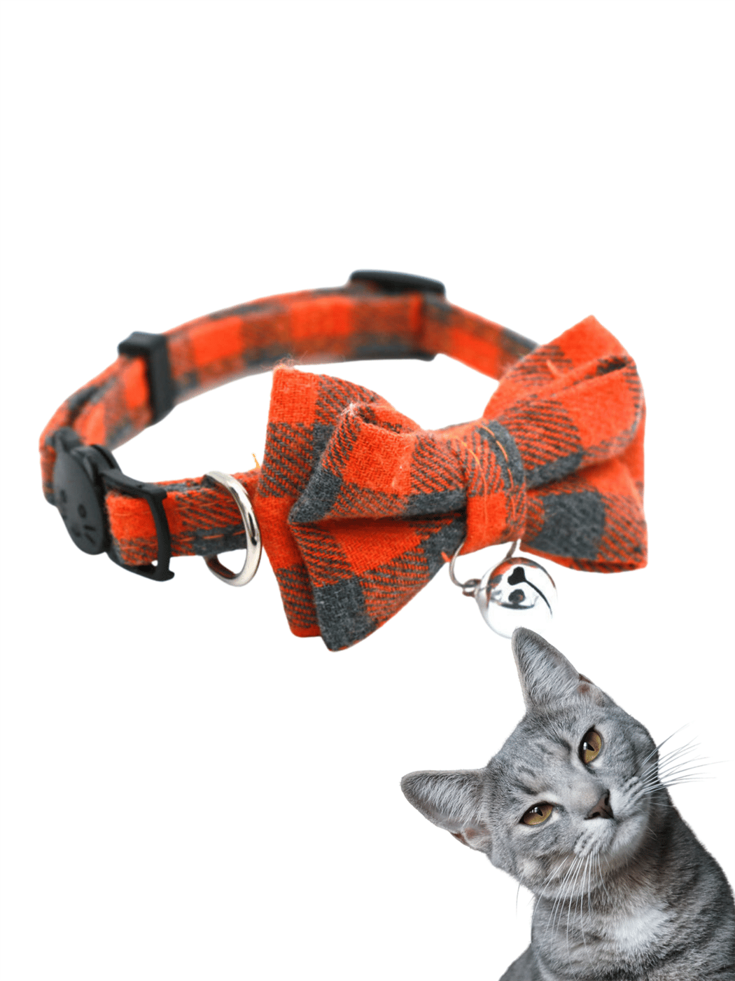 Kedi boyun tasması, kedi papyon,kedi tasması ,turuncu ekose desenli, lüx  kumaş, medium