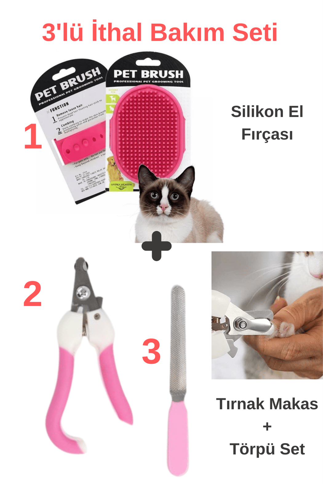Süper 3 lü İthal Set, Silikon Kedi Köpek Yıkama Fırçası, Tırnak makası ve  törpüsü, Kedi köpek