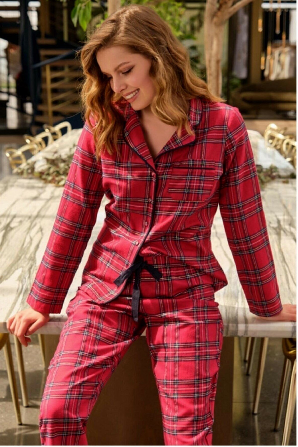 Kadın Ekose Desenli Önden Düğmeli Pijama Takımı | VAWEN