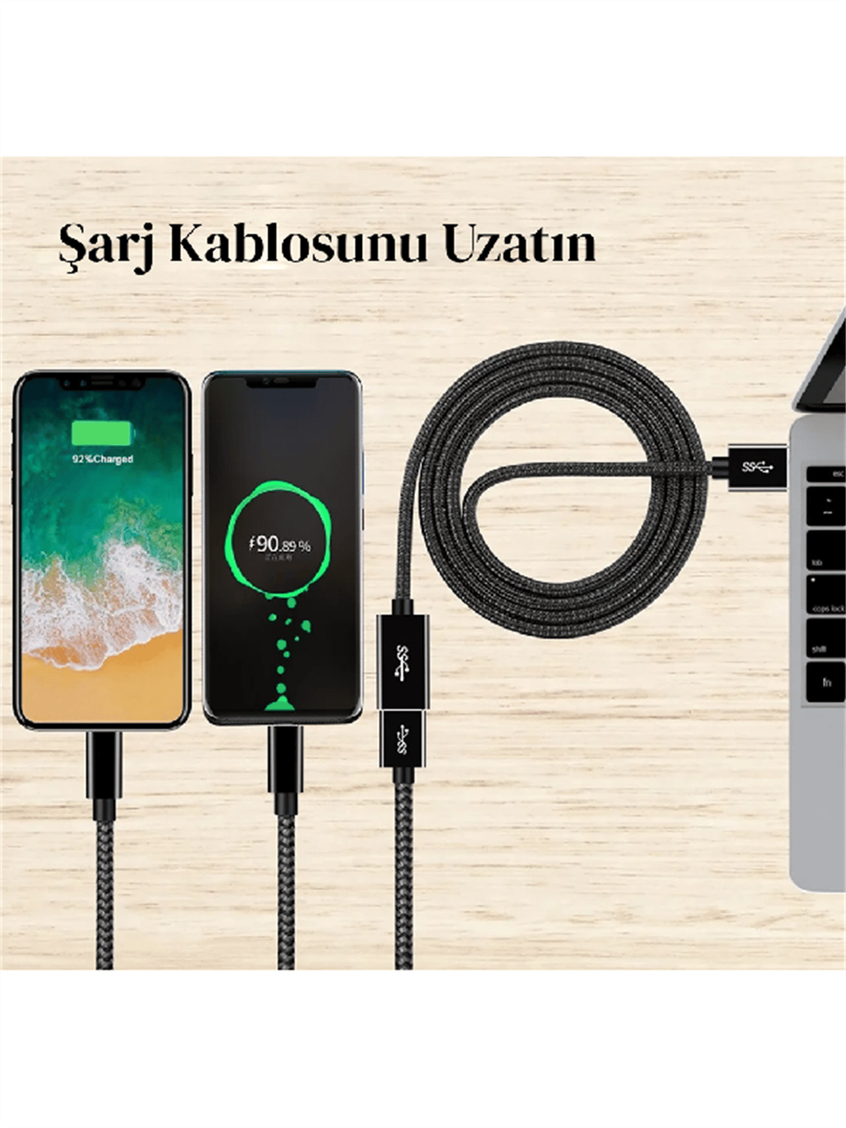 LivX Rope USB3.0 3A 5Gbps Hızlı Şarj ve Veri Aktarımı USB 3.0 Erkek Dişi  Uzatma