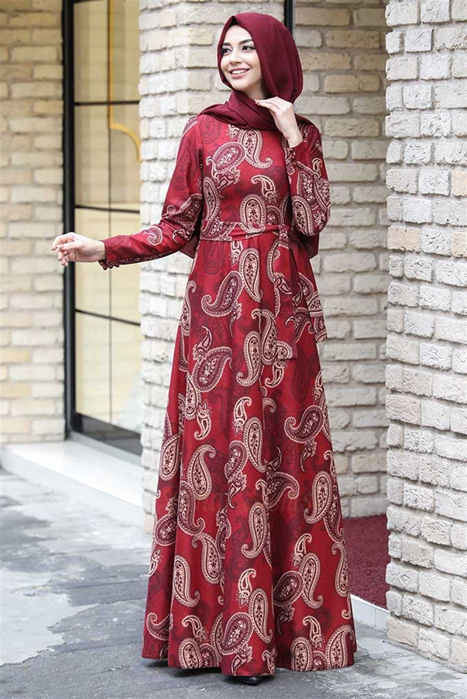Pınar Şems Kışlık Etnik Elbise Bordo