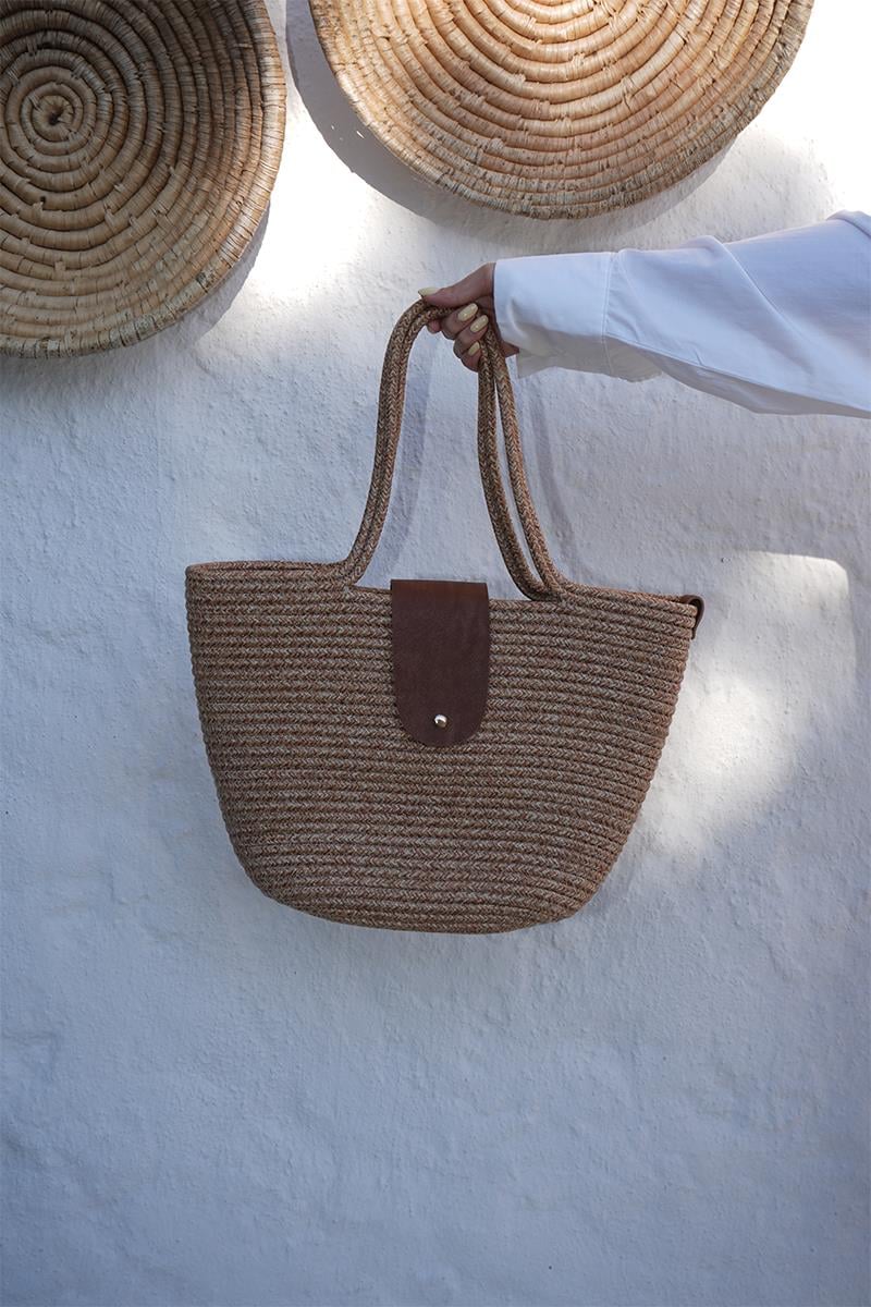 Duffy Kapaklı Handmade Hasır Tote Çanta Vizon | Shule Bags