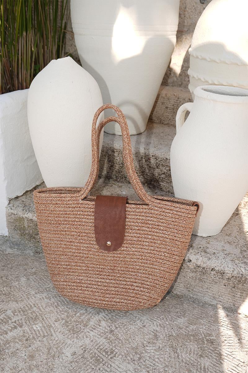 Duffy Kapaklı Handmade Hasır Tote Çanta Vizon | Shule Bags