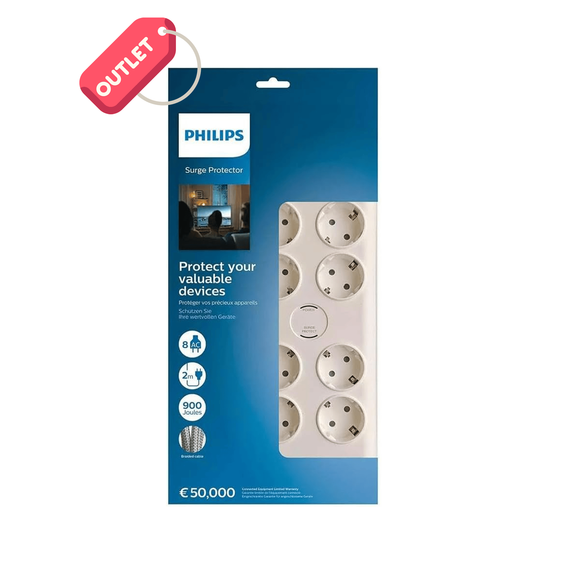 OUTLET PHILIPS SPN7080 akım Korumalı Priz 8'li 900J 2m 3680W 16A