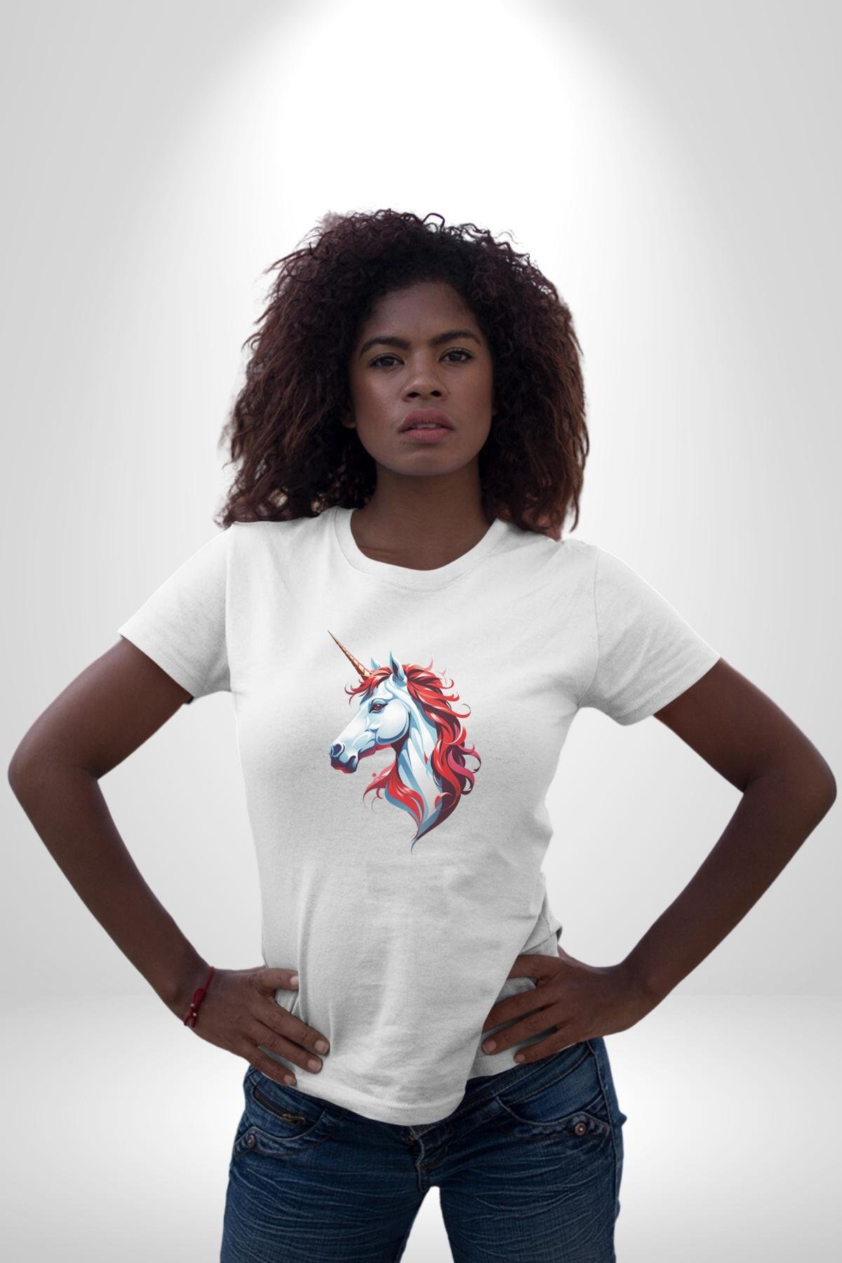 Unicorn Tek Boynuzlu At Kad n Erkek Unisex Beyaz Organik Bask l T Shirt