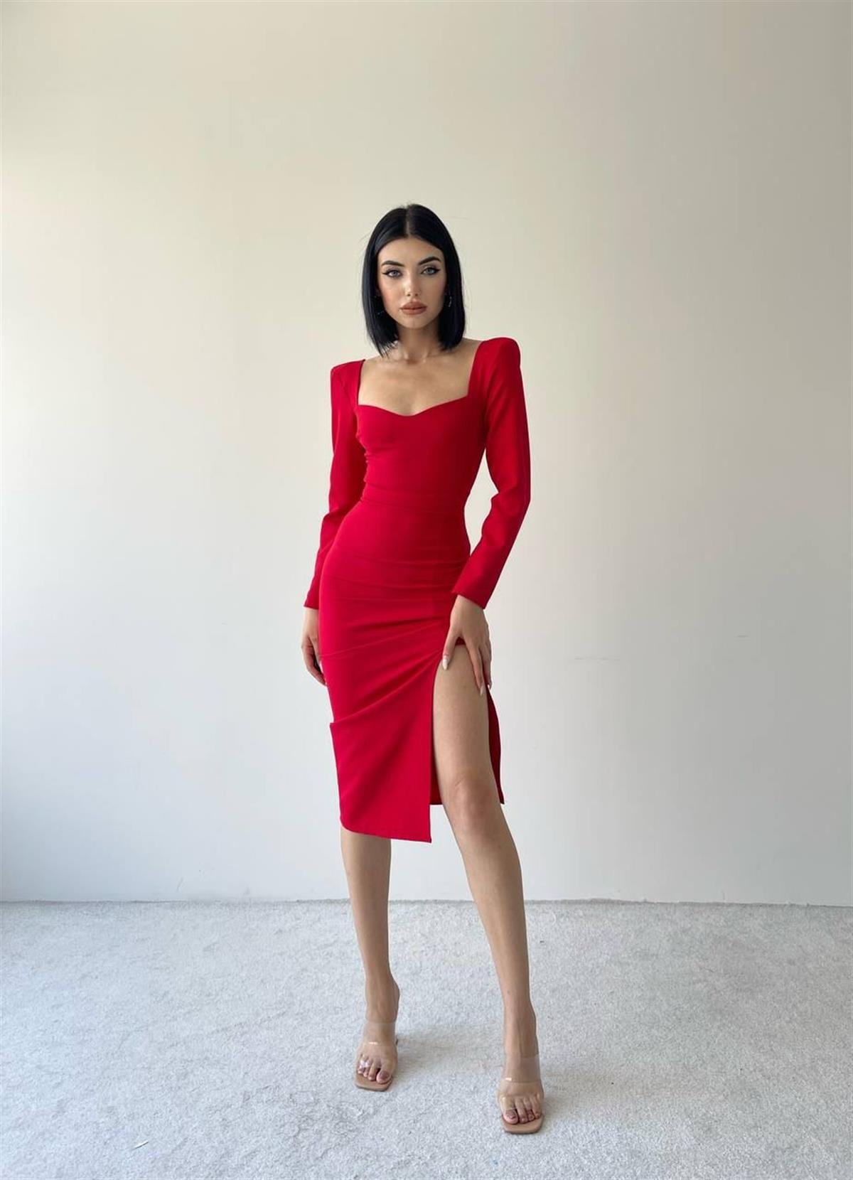 Clara Kalp Yaka Uzun Kol Midi Boy Elbise - Kırmızı