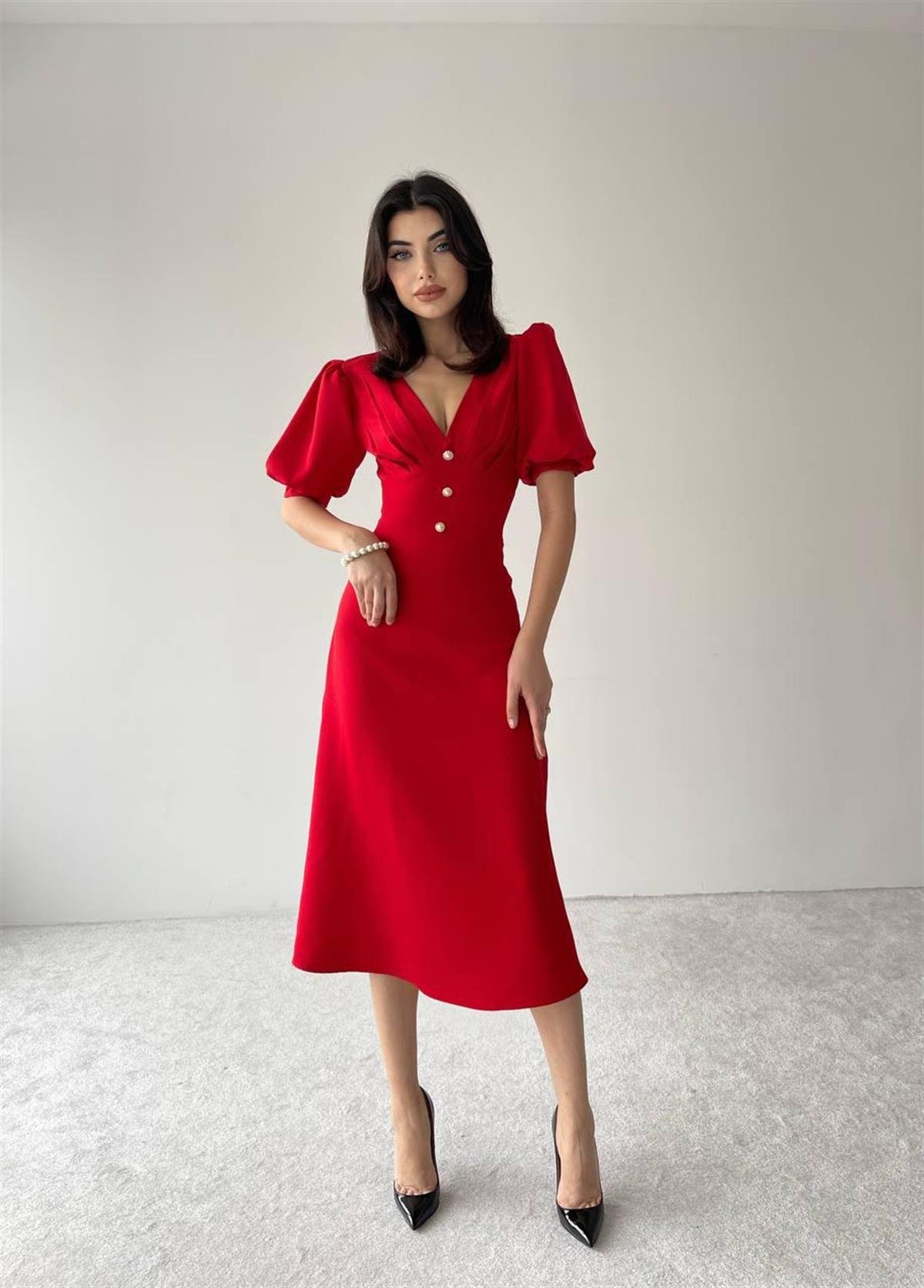 Linda Önü Düğmeli Midi Elbise - Kırmızı