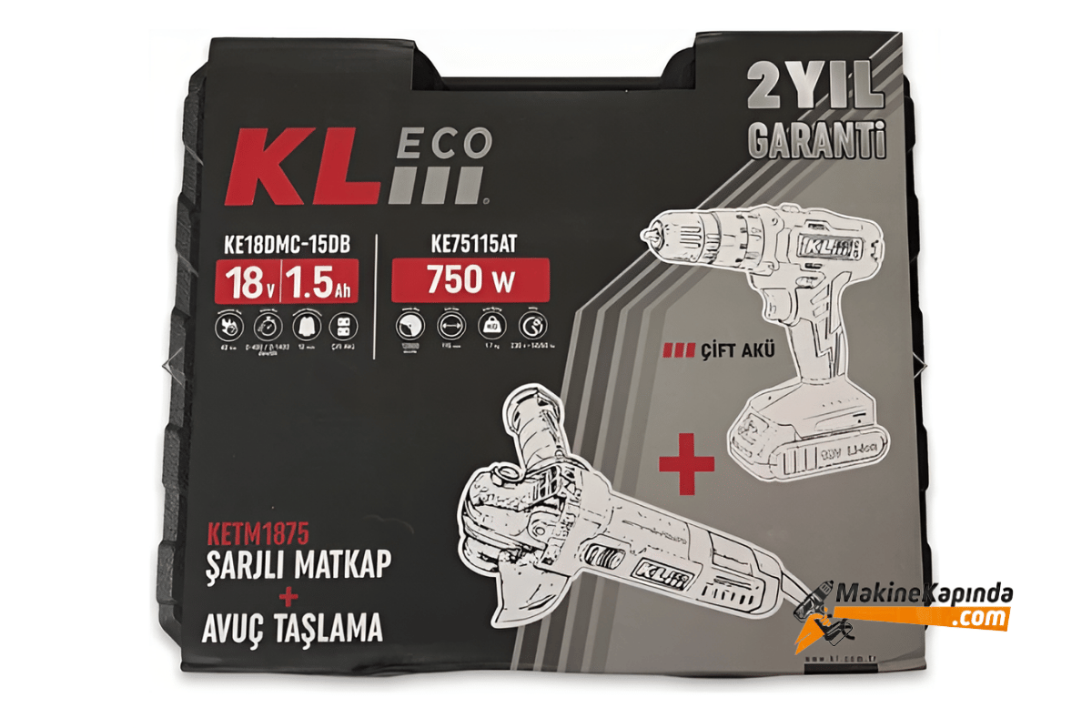 KL Eco KETM1875 18V/1.5 Ah Çift Akülü Darbeli Matkap + 750W Avuç Taşlama +  23 Parça Aksesuar