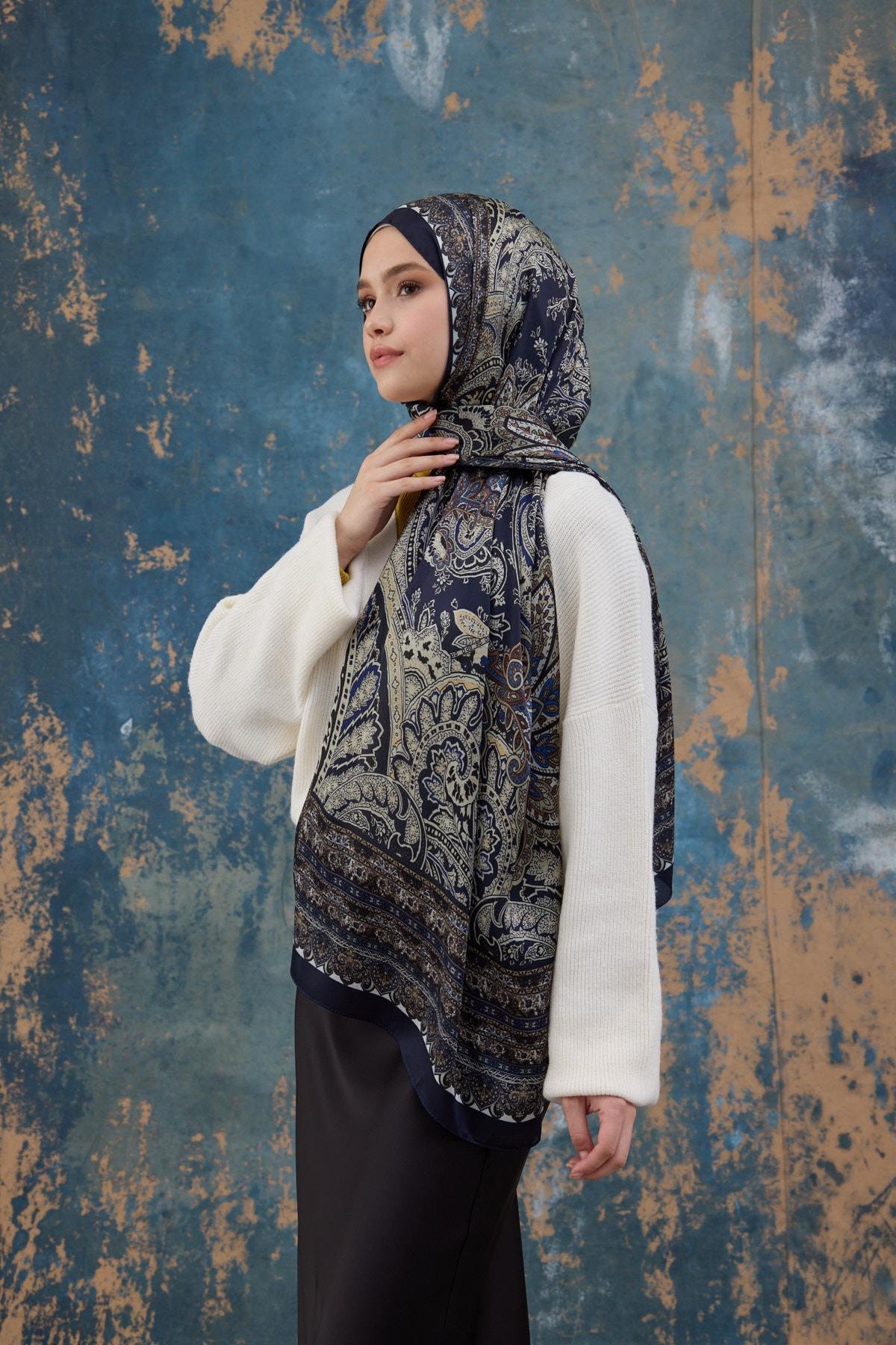 Lacivert Taş Hint Vual Şal -  5007-15