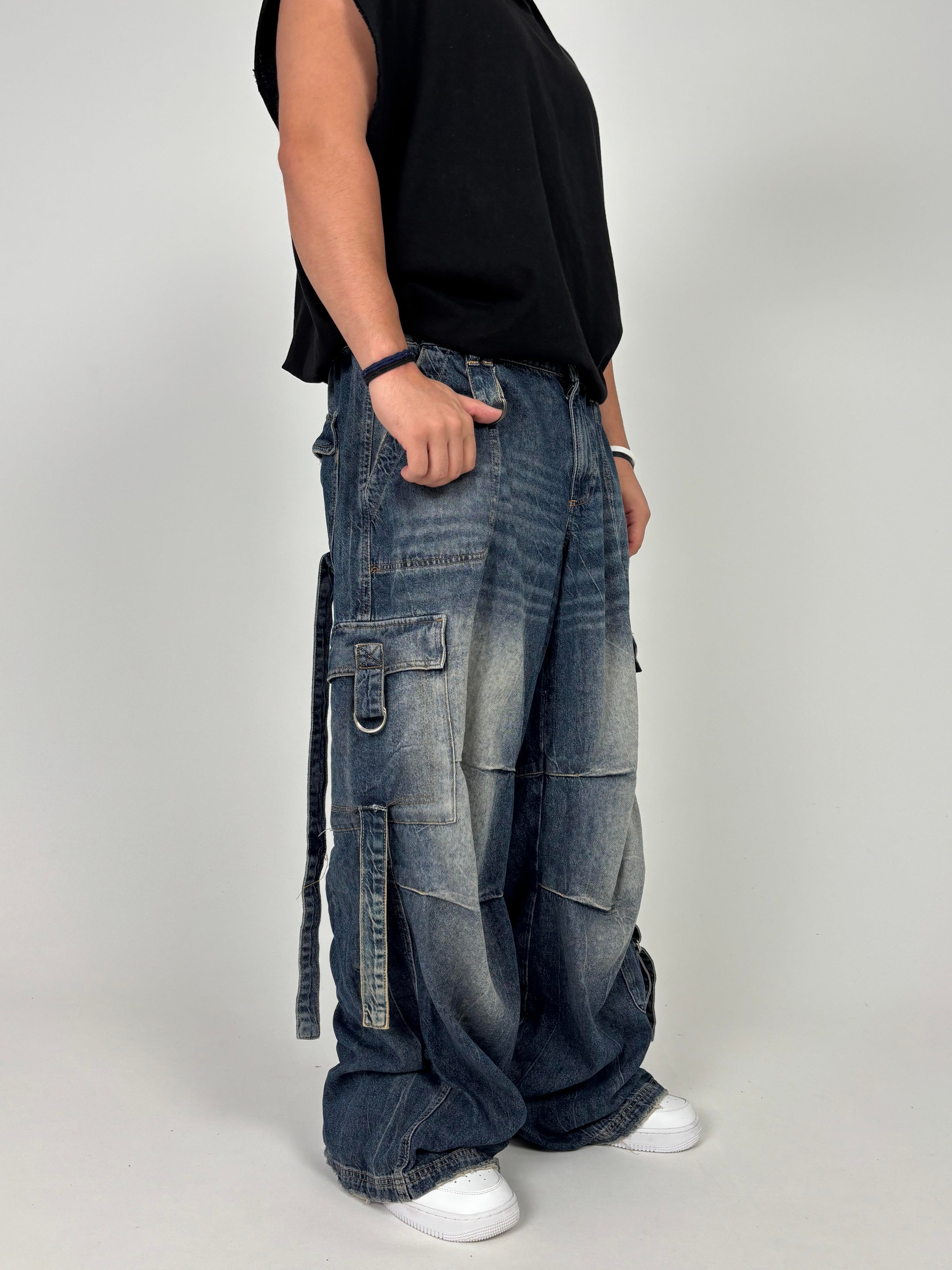 Midnight Denim Askılı Multi Pocket Baggy Cargo Pants