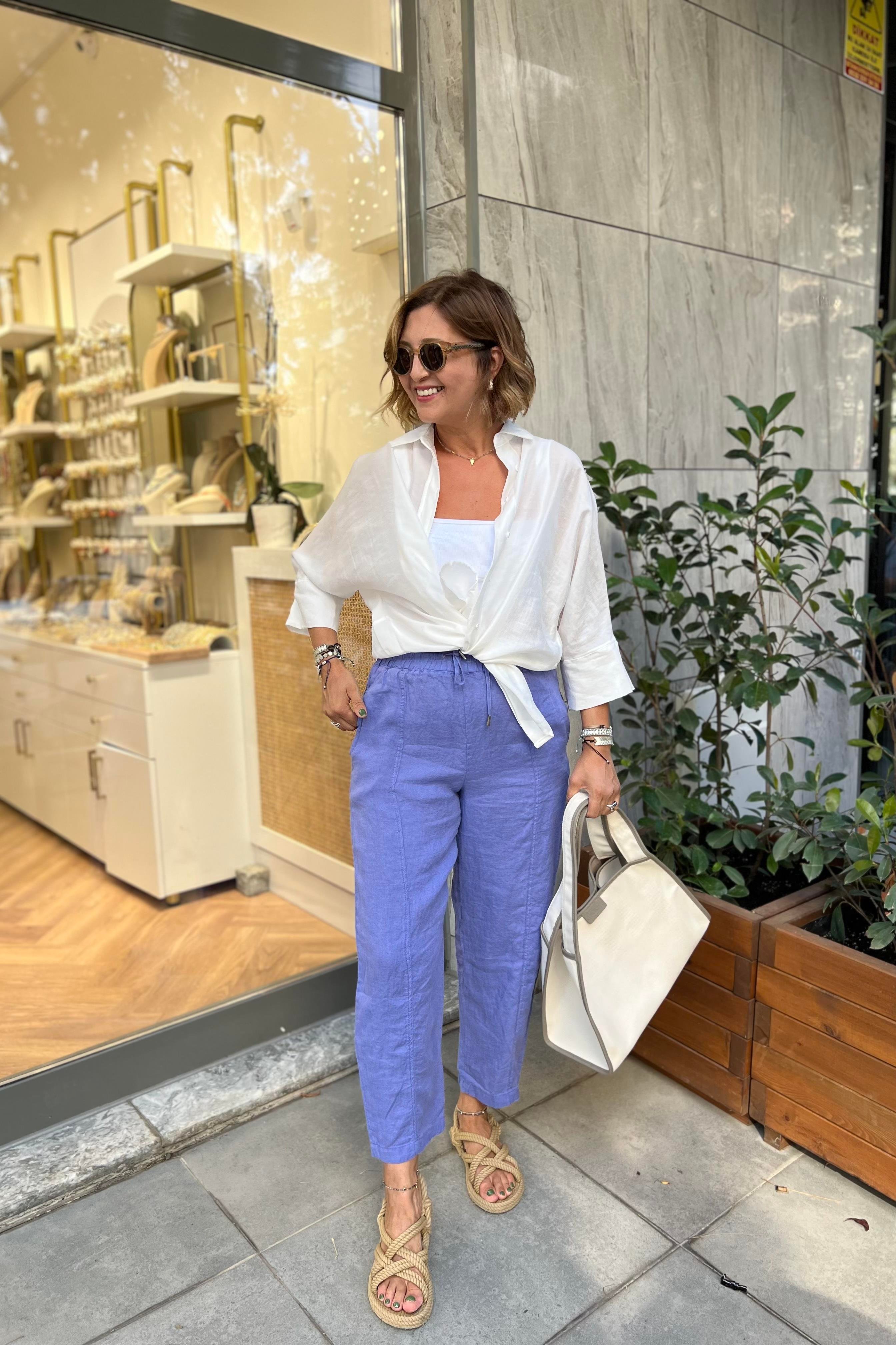 BELİ LASTİKLİ MOR KETEN PANTOLON