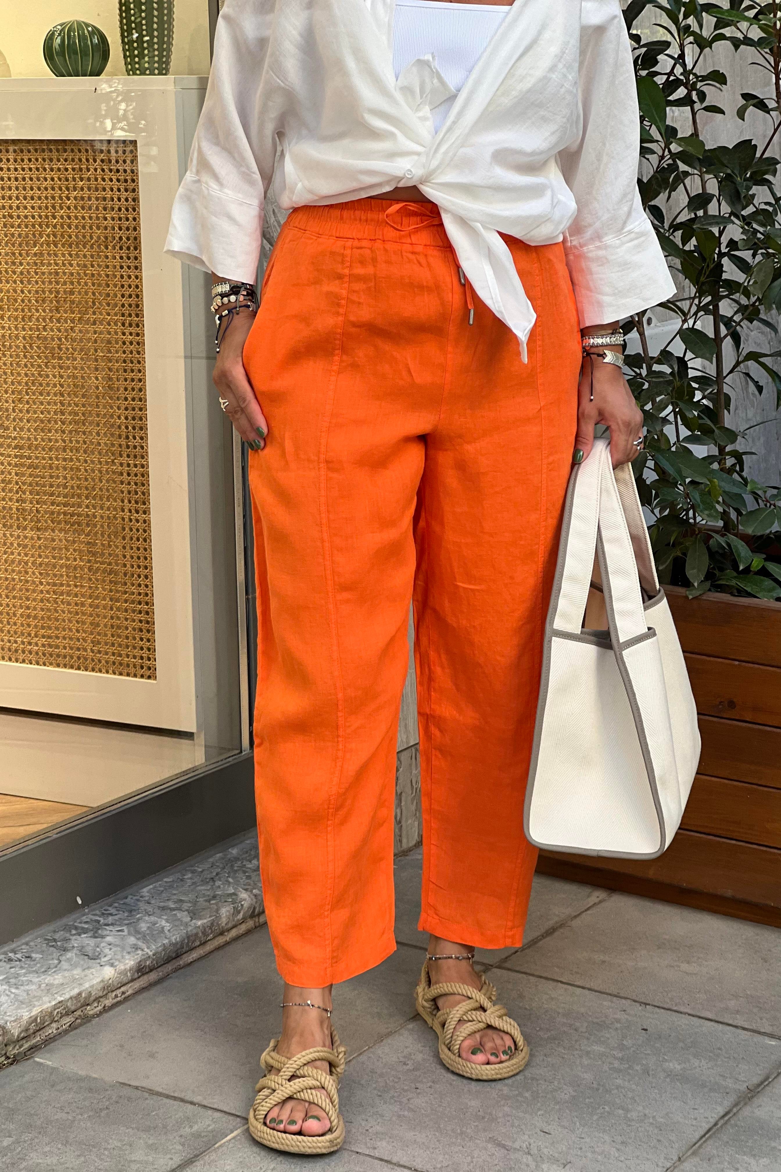 BELİ LASTİKLİ TURUNCU KETEN PANTOLON