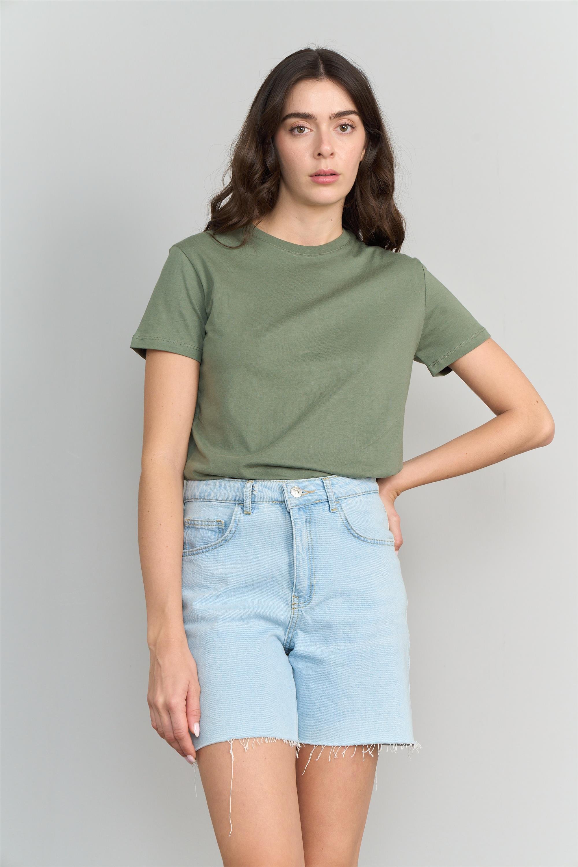 Cetinkaya Fithit 3264 Bayan Bisiklet Yaka Basic T shirt Ac k Haki