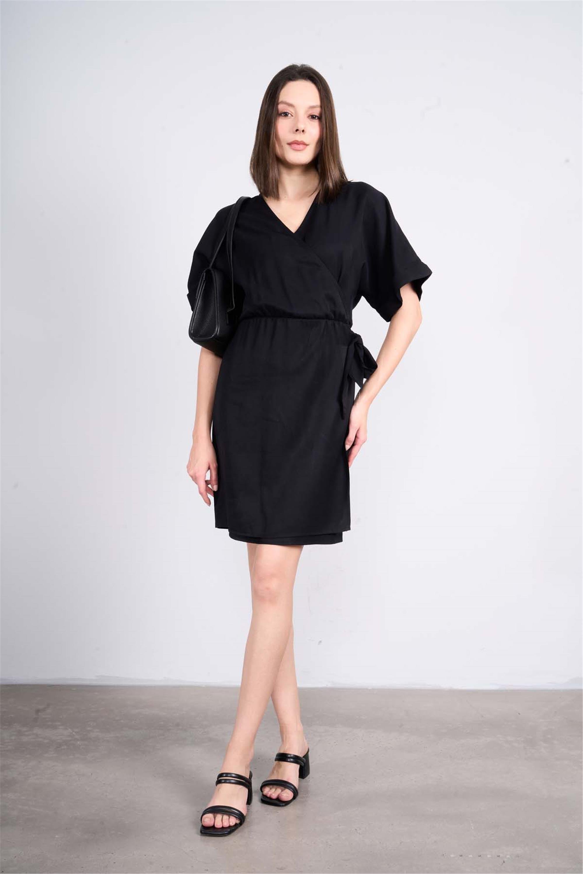 Çetinkaya Fithit 6361 Kadın V Yaka Bağlamalı Tencel Elbise | Çetinkaya