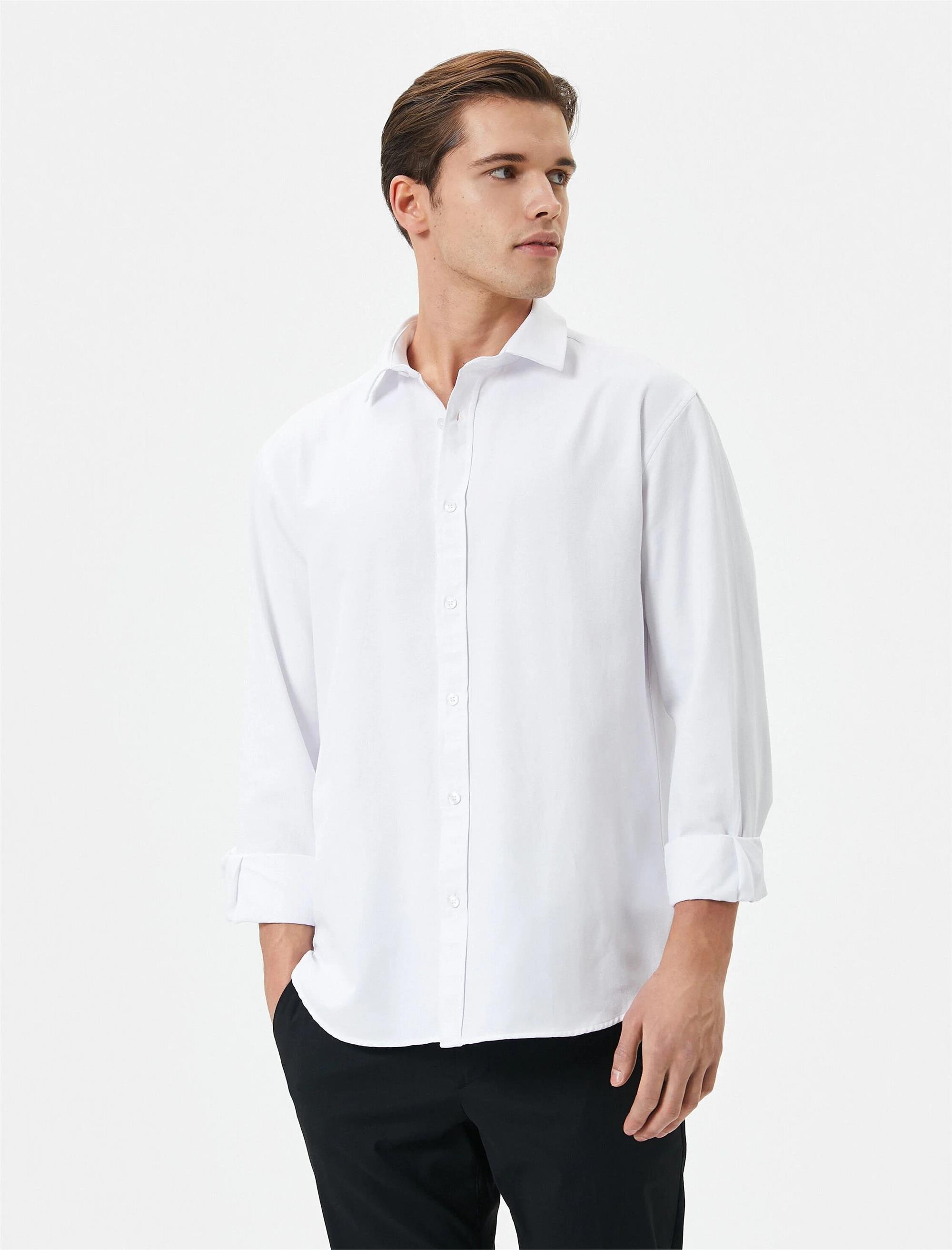 Koton 4Sam60014Hw 000 Beyaz Erkek Dokuma Pamuk Uzun Kollu Basic Gömlek