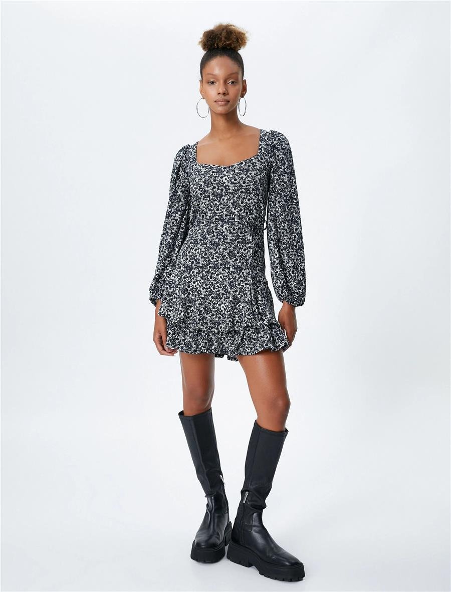 Koton 4Wal80022Ik 9D9 Siyah Desenli Genç Kız Elastan Jersey Elbise