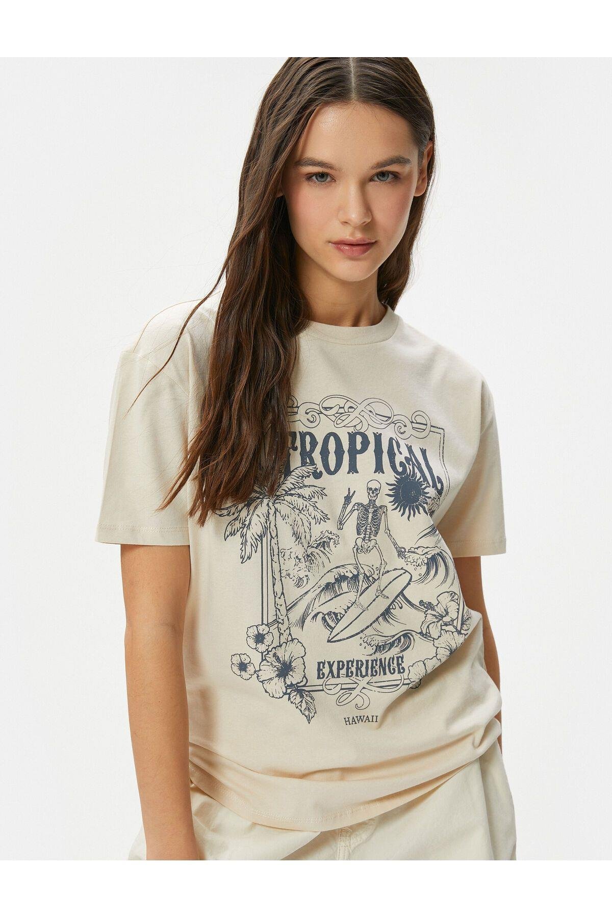 Koton 4Sal10052Ik 050 Bej Genç Kız Pamuk Jersey Kısa Kollu T-Shirt