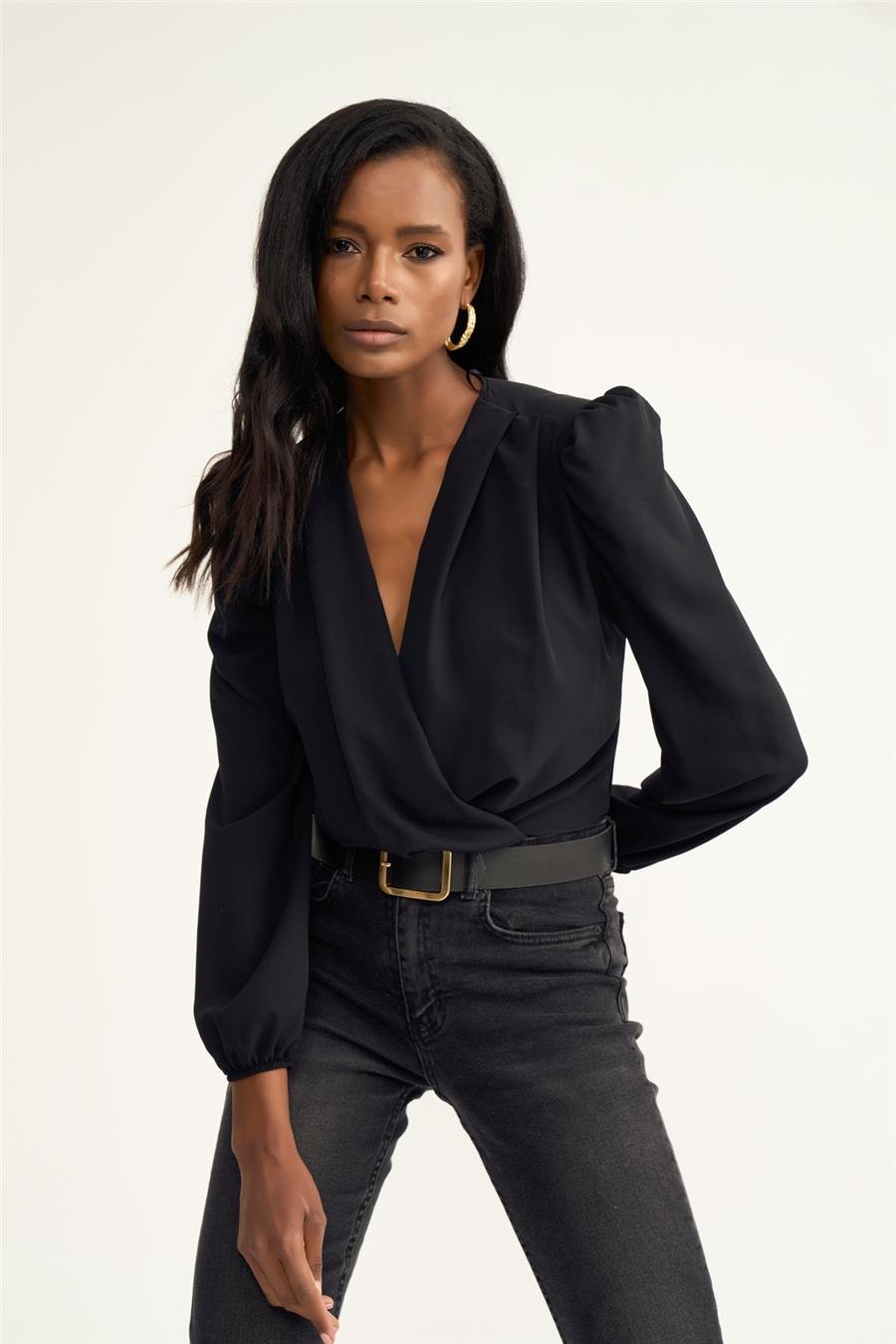 Sateen 447-1009 Siyah Kadın Kruvaze Bodysuit Bluz