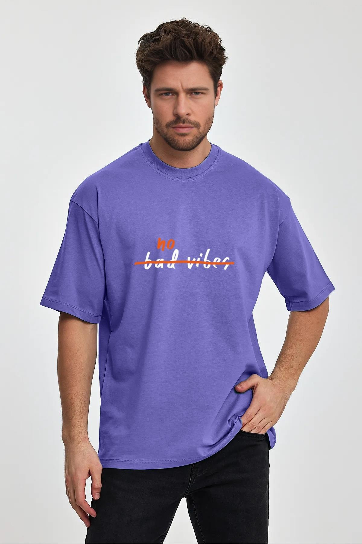 Erkek Oversize 100 Pamuk Bad Vibes Bask l T shirt Mor Edw051