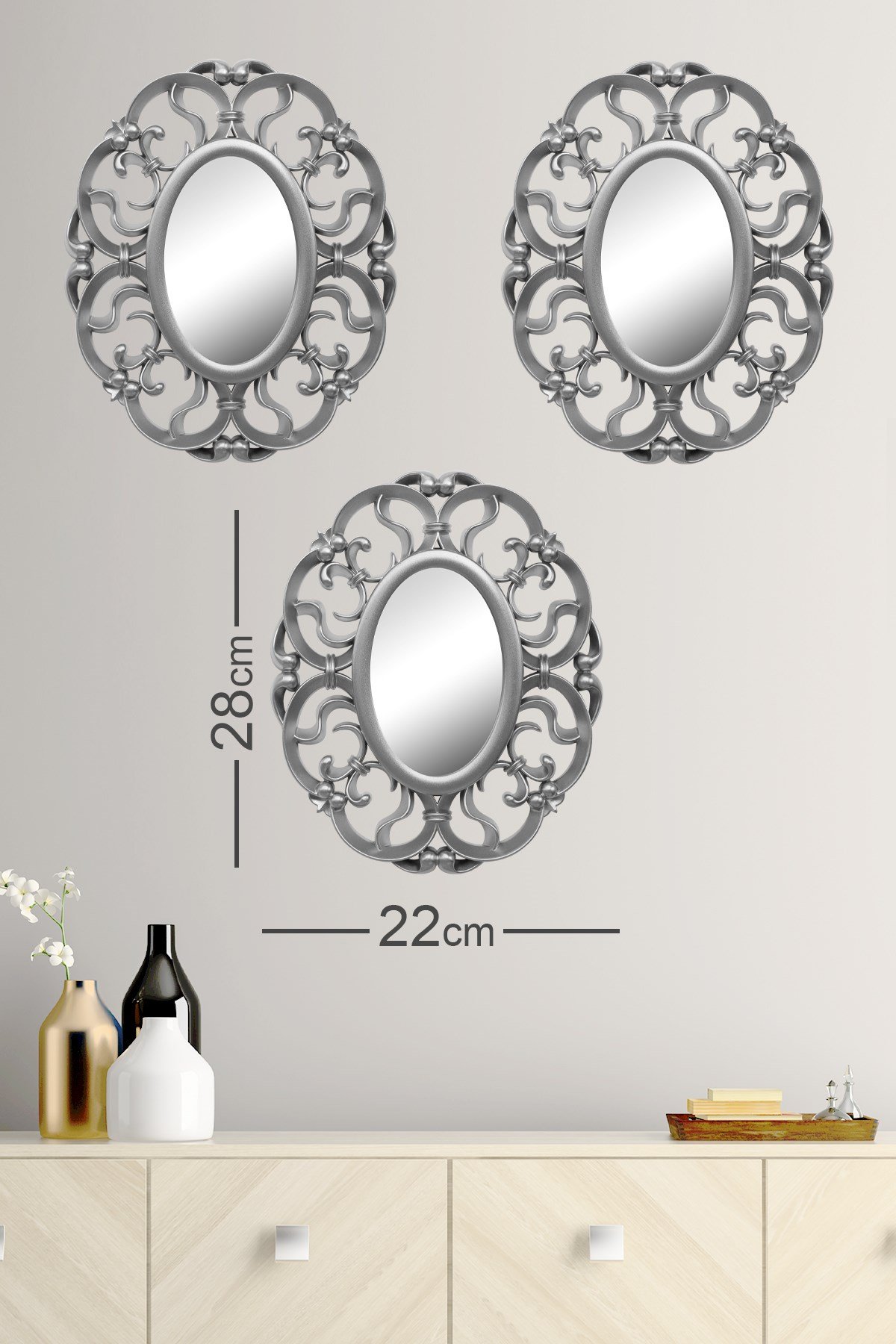 MUYİKA Casa 3'LÜ Dekoratif Ayna Seti Gri Renk Plastik Kasa 28x23cm 3 adet  Ayna AYD