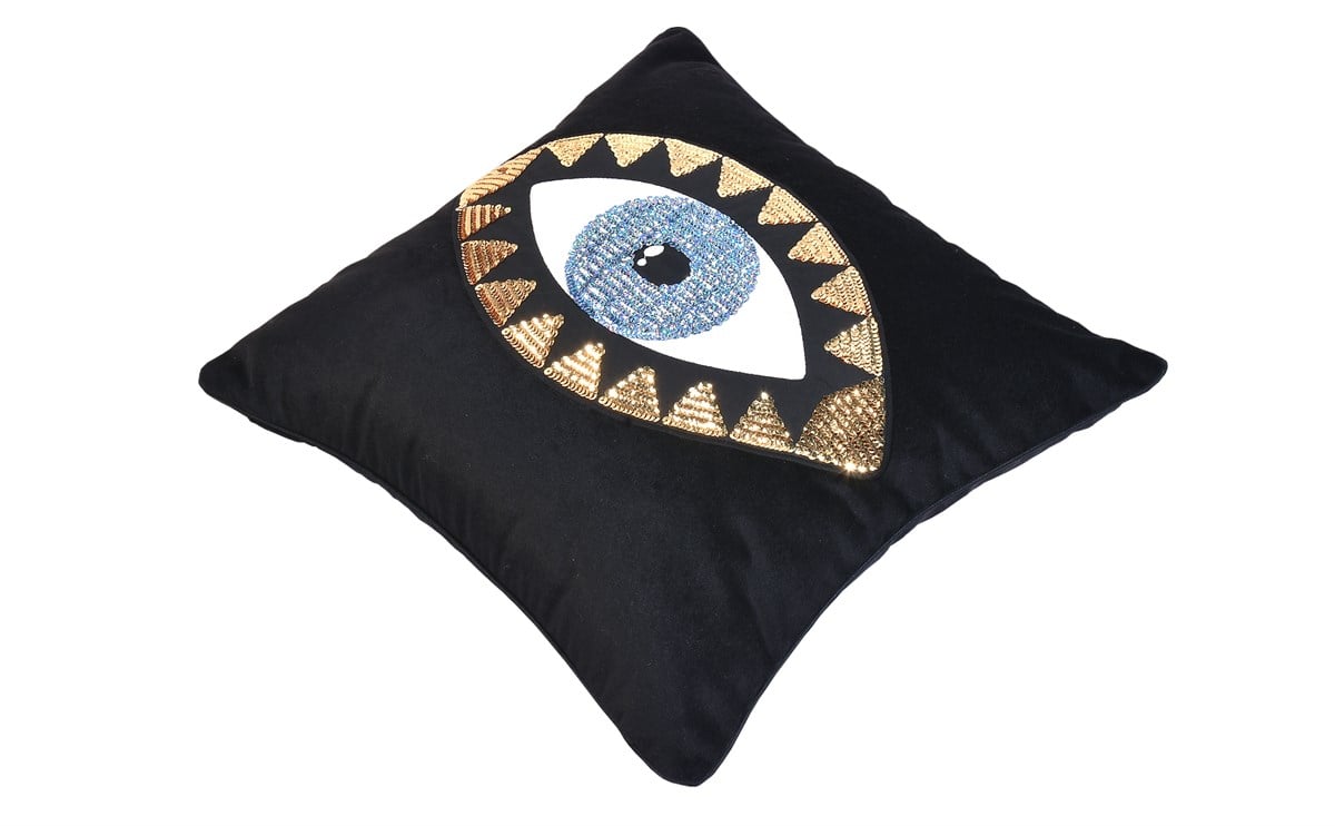 Dekoratif Göz Desenli Pullu Siyah Kadife Kırlent Kılıfı 45 x 45
