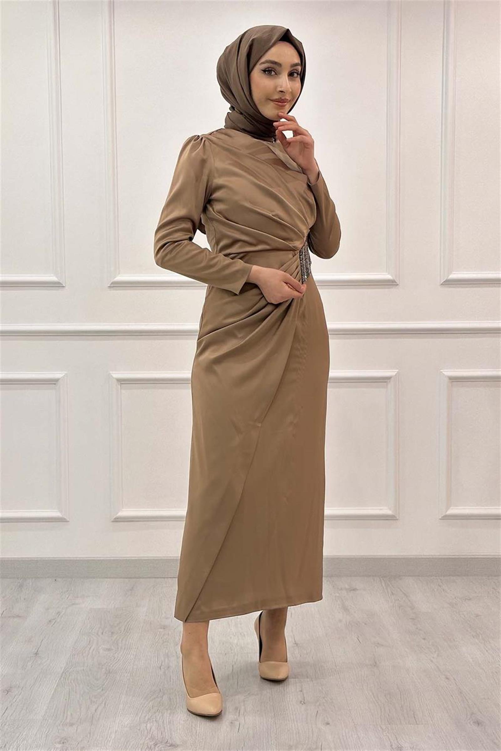 Stilife Bel Taş Saten Abiye 4709 Vizon