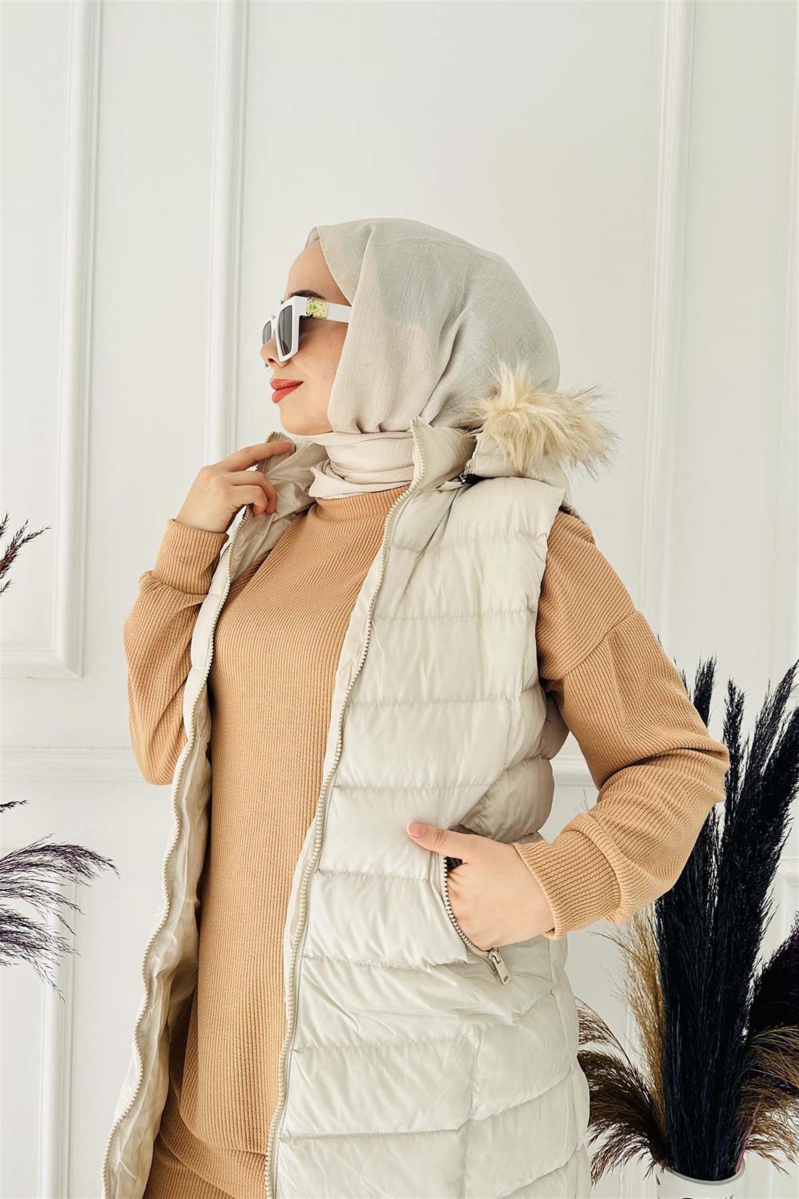 Uzun Şişme Yelek 1025 Ekru