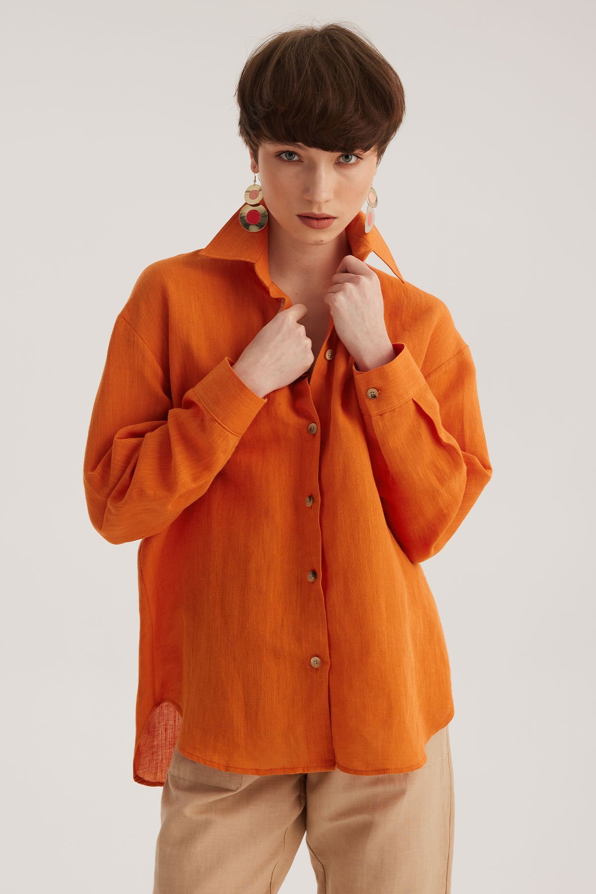Orange Linen Blend Oversize Shirt - Stella Pulvis Orange Linen Blend Oversize Shirt - Stella Pulvis