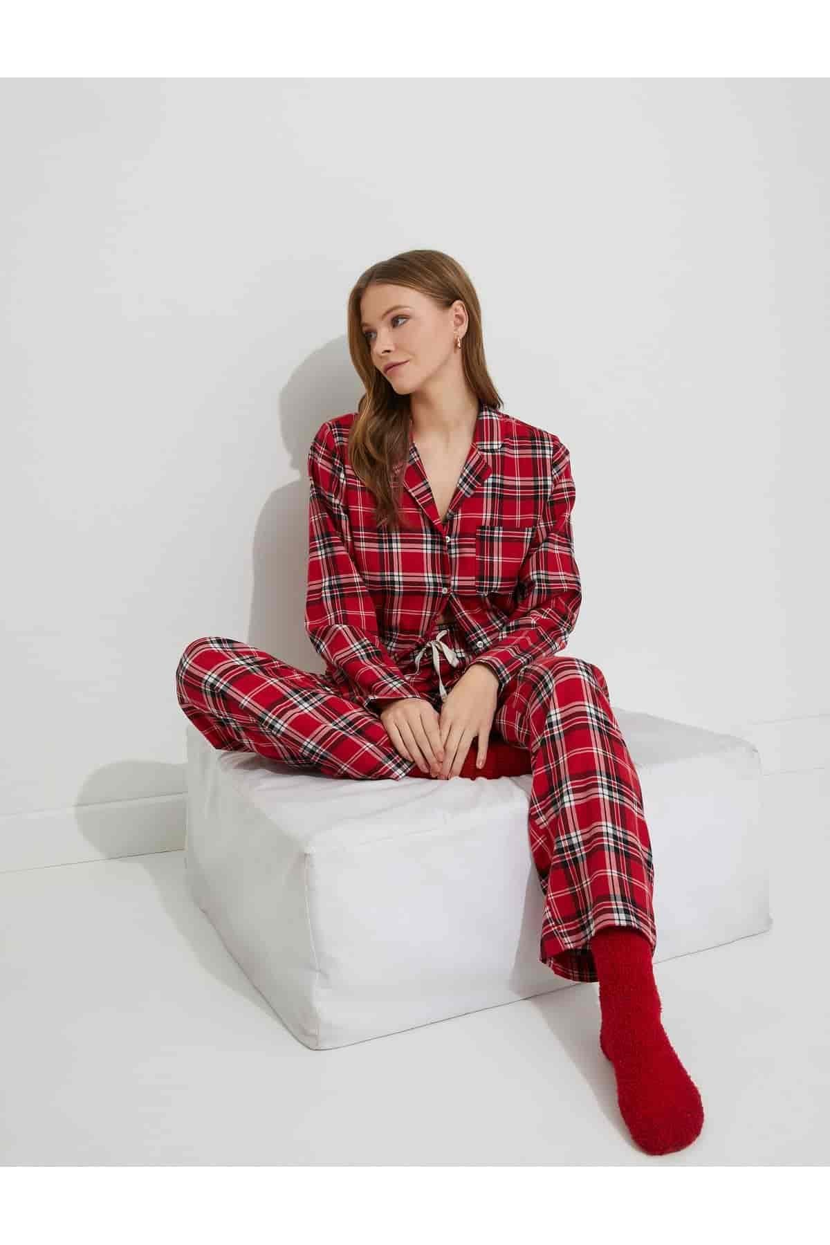 Kareli Pijama Altı Beli Bağcıklı Yılbaşı Temalı Pamuklu 4WLK50017MW - FGSB