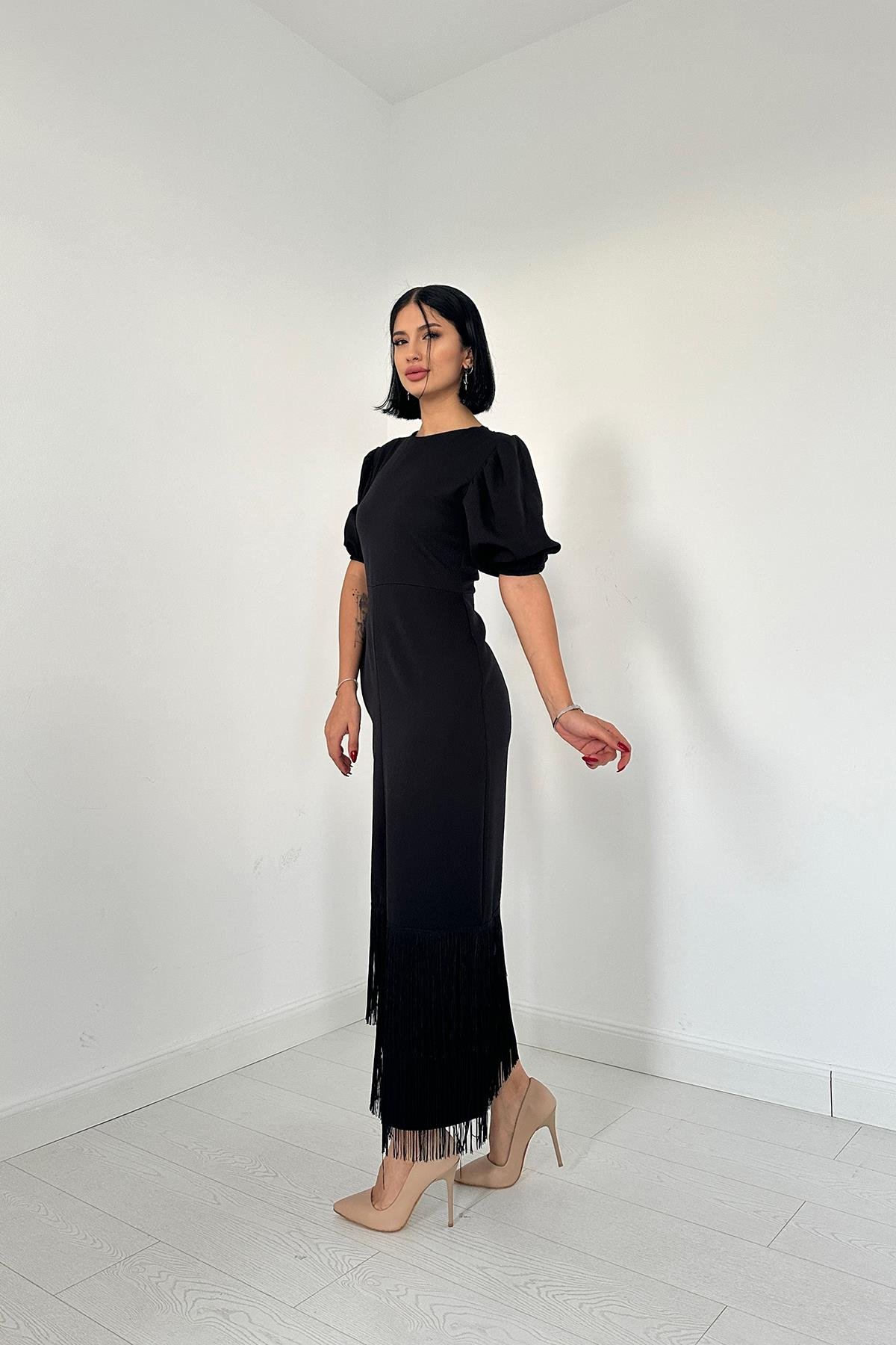 Eteği Püsküllü Elbise - Siyah | elisafashionwoman.com
