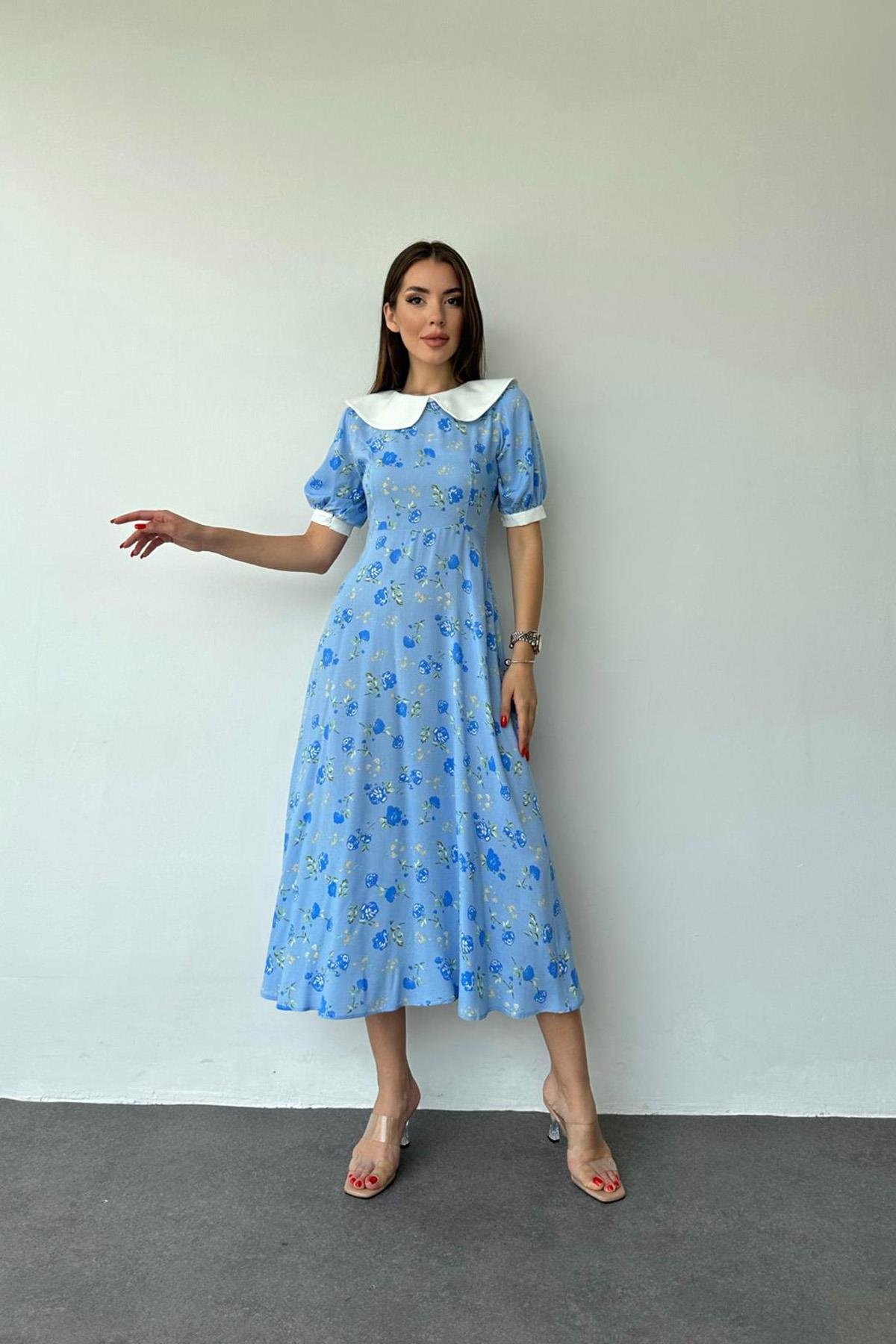 Önlük Yaka Çiçek Desen Elbise - Mavi | elisafashionwoman.com