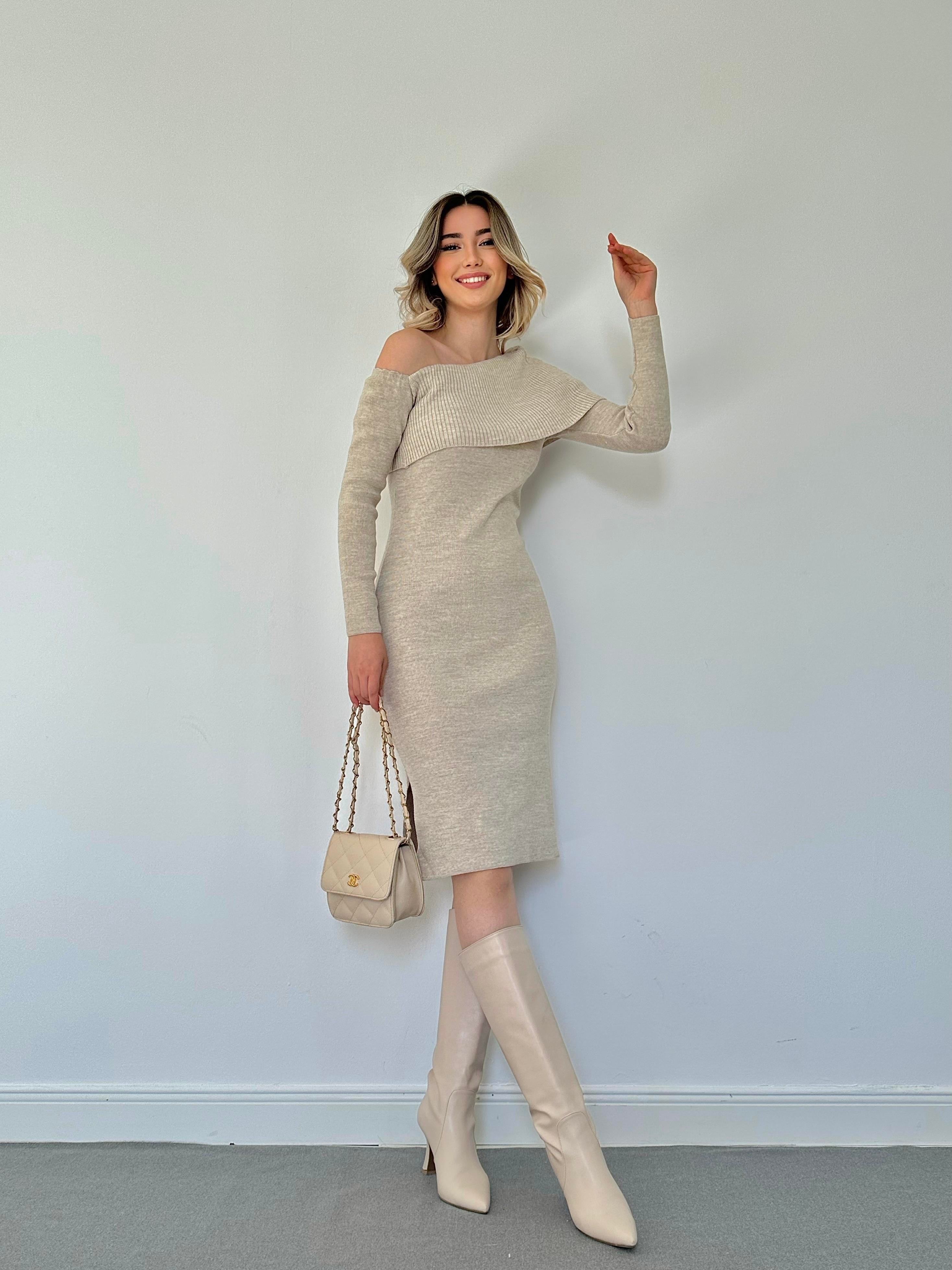 Wholesale Beige Off Shoulder Mini Knit Dress