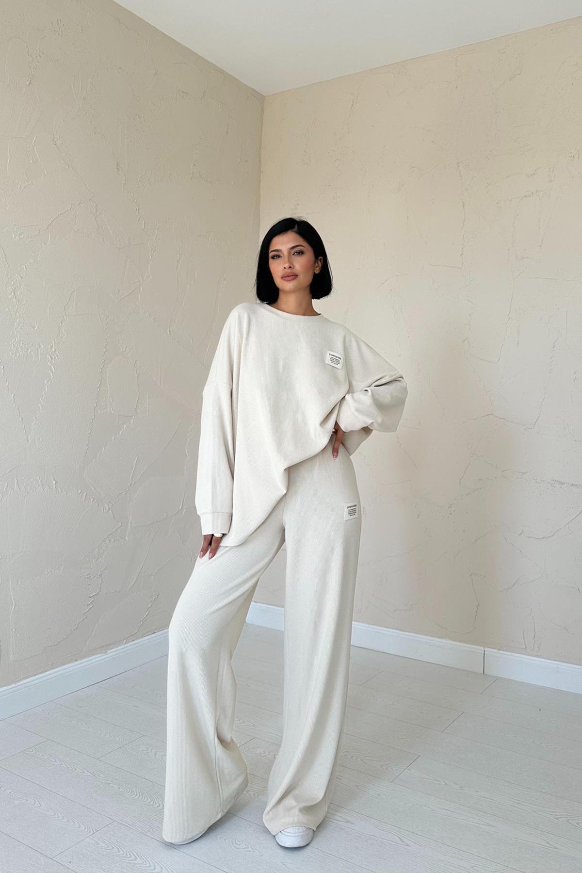 Wholesale Beige Classic Ribbed Sweater and Trouser Set