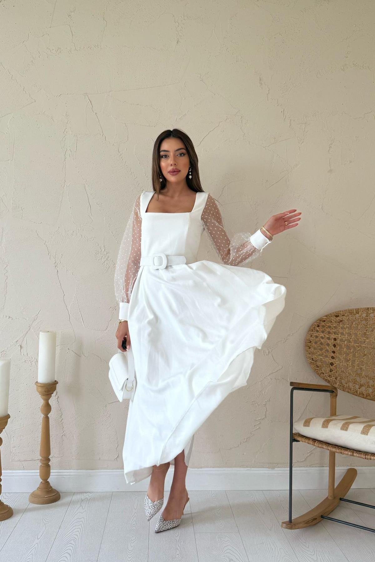 Wholesale White Organza Sleeves Cup Dress