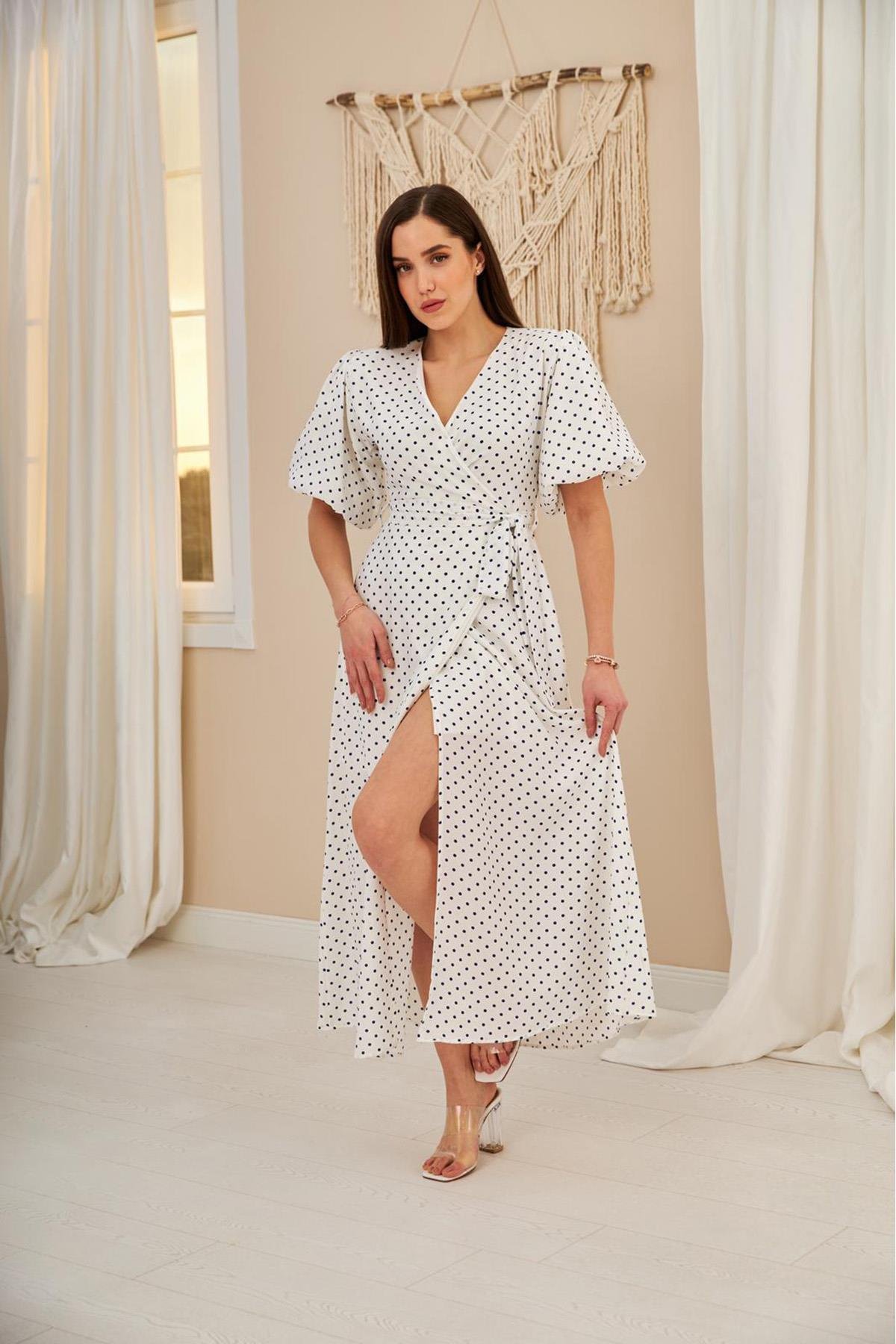 Wholesale White Polka Dot and Belted Dress