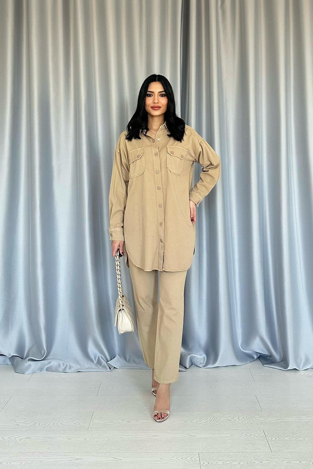 Toptan Camel Yıkamalı Gömlek ve Pantolon Takım