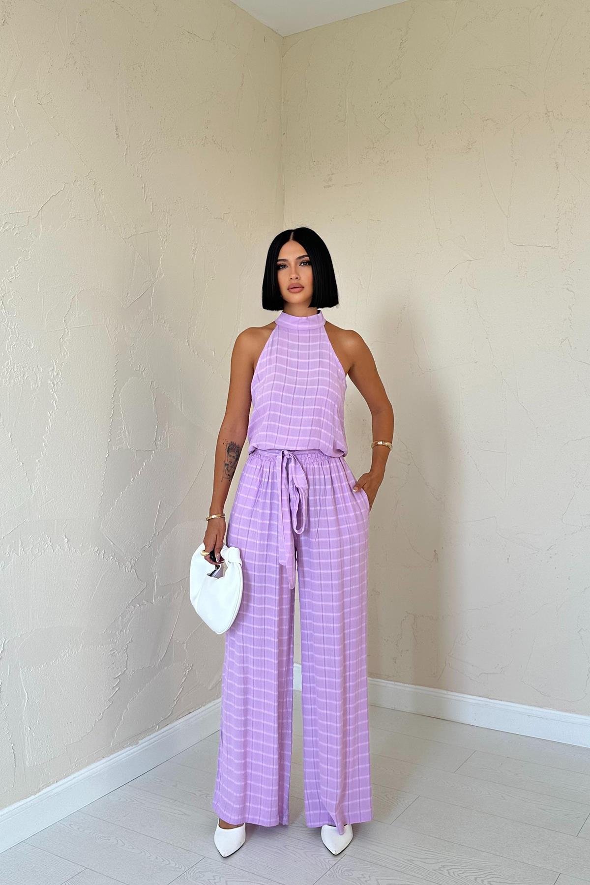 Wholesale Lilac Checkered Sleeveless Blouse and Trouser Set