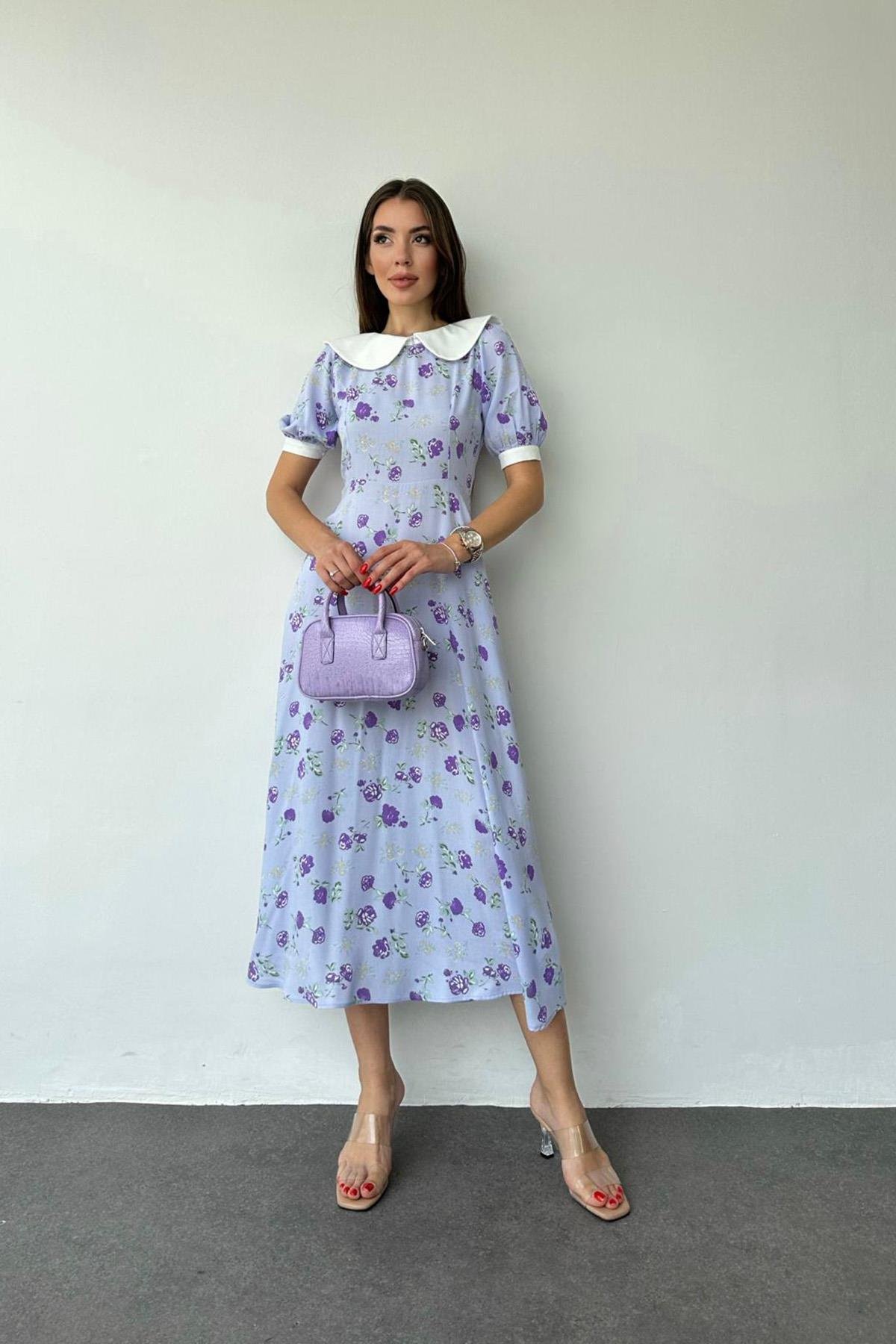 Wholesale Lilac Apron Neck Floral Pattern Dress