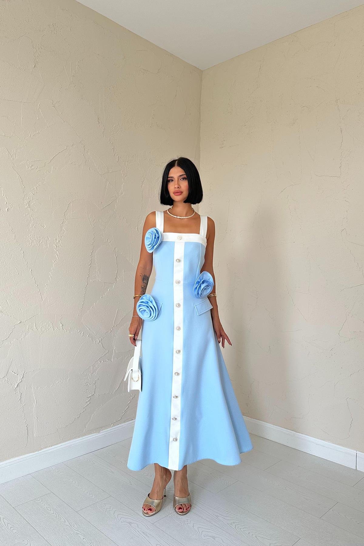 Wholesale Blue Rose Strap Dress