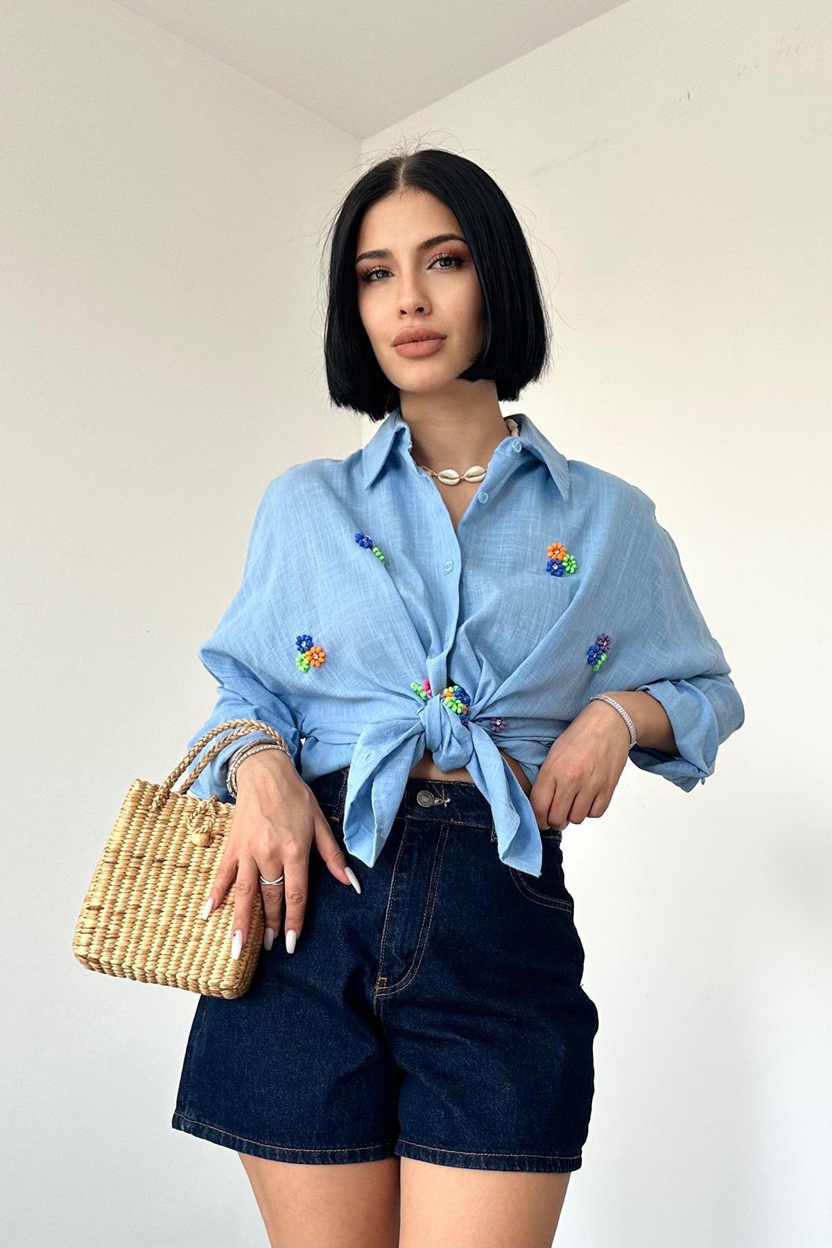 Wholesale Blue Linen Classic Pattern Beaded Embroidered Shirt